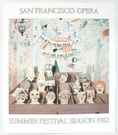 Póster vintage de David Hockney Ópera de San Francisco 1982, caprichosos dibujos en color