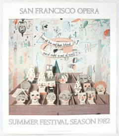Affiche vintage de David Hockney pour l'Opéra de San Francisco, 1982, dessins en couleur fantaisistes