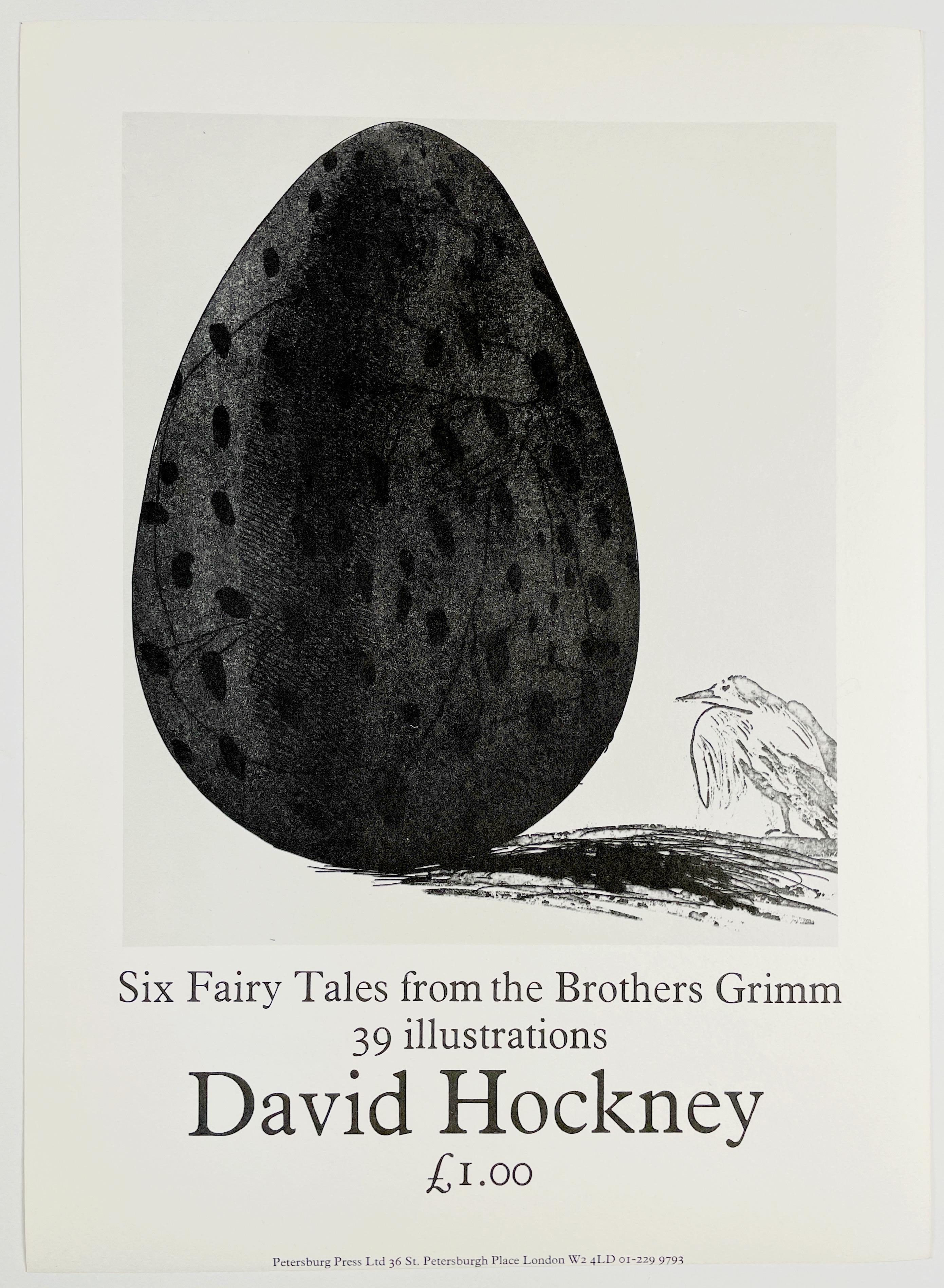 Dieses charmante Vintage-Plakat erinnert an die Veröffentlichung von David Hockneys Six Fairy Tales from the Brothers Grimm. Das Plakat wirbt für eine Miniaturausgabe des Buches, die der Verlag im selben Jahr zum Preis von 1,00 £ herausgebracht hat.