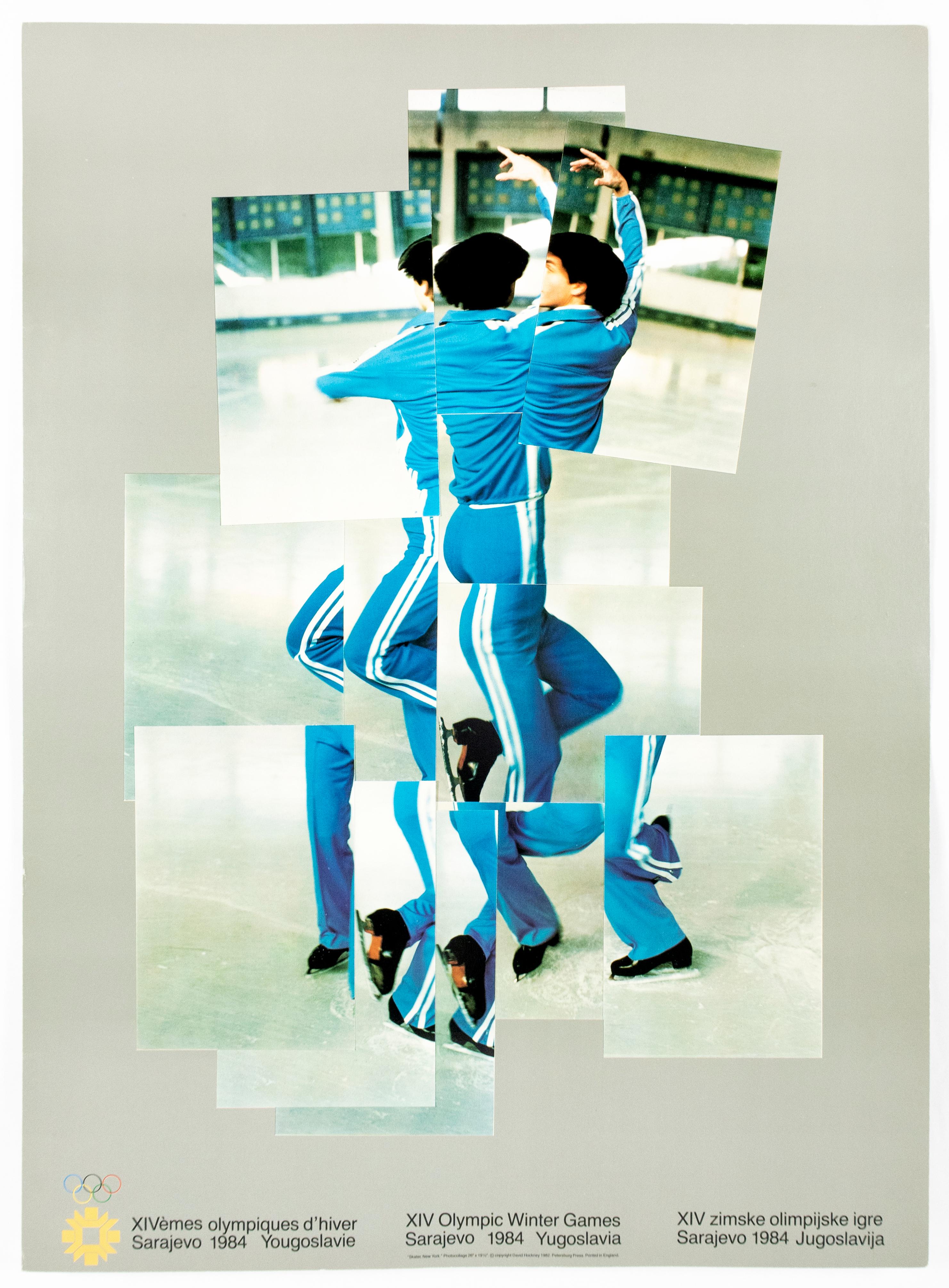 Vintage David Hockney poster for the XIV 1984 Olympic Games in Sarajevo. Featuring one of Hockney's famous photographic collages, this poster depicts a spinning ice skater on the ice, wearing a bright blue track suit and black skates. Hockney