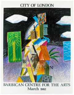 Affiche vintage Hockney : Barbican Centre for Arts Londres 1982, palmiers colorés