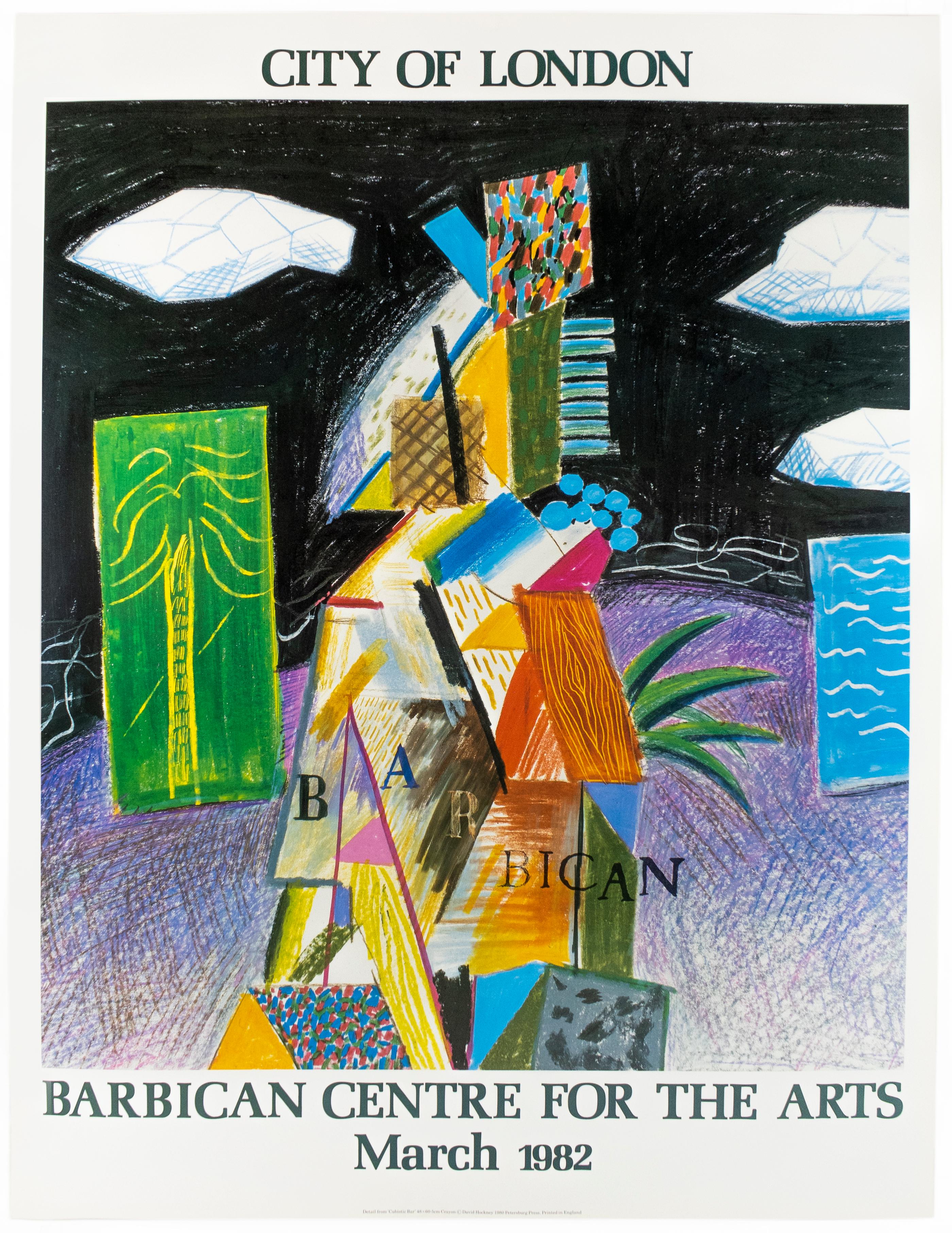 David Hockney Landscape Print - Vintage Hockney poster: Barbican Centre for Arts London 1982 colorful palm trees