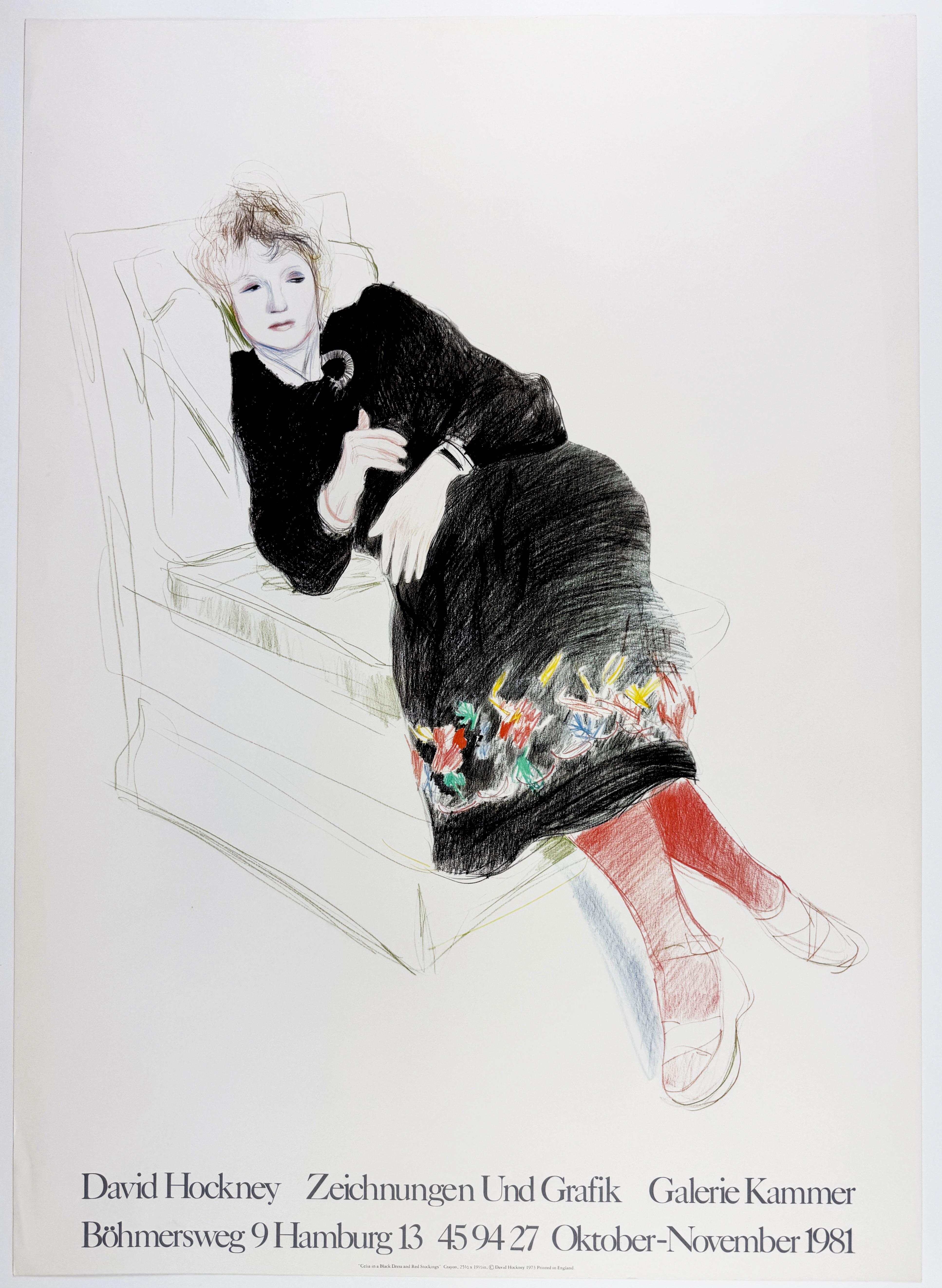 David Hockney Portrait Print – Vintage Hockney-Poster Kammer 1981 Celia in einem schwarzen Kleid und roten Stockings, Vintage