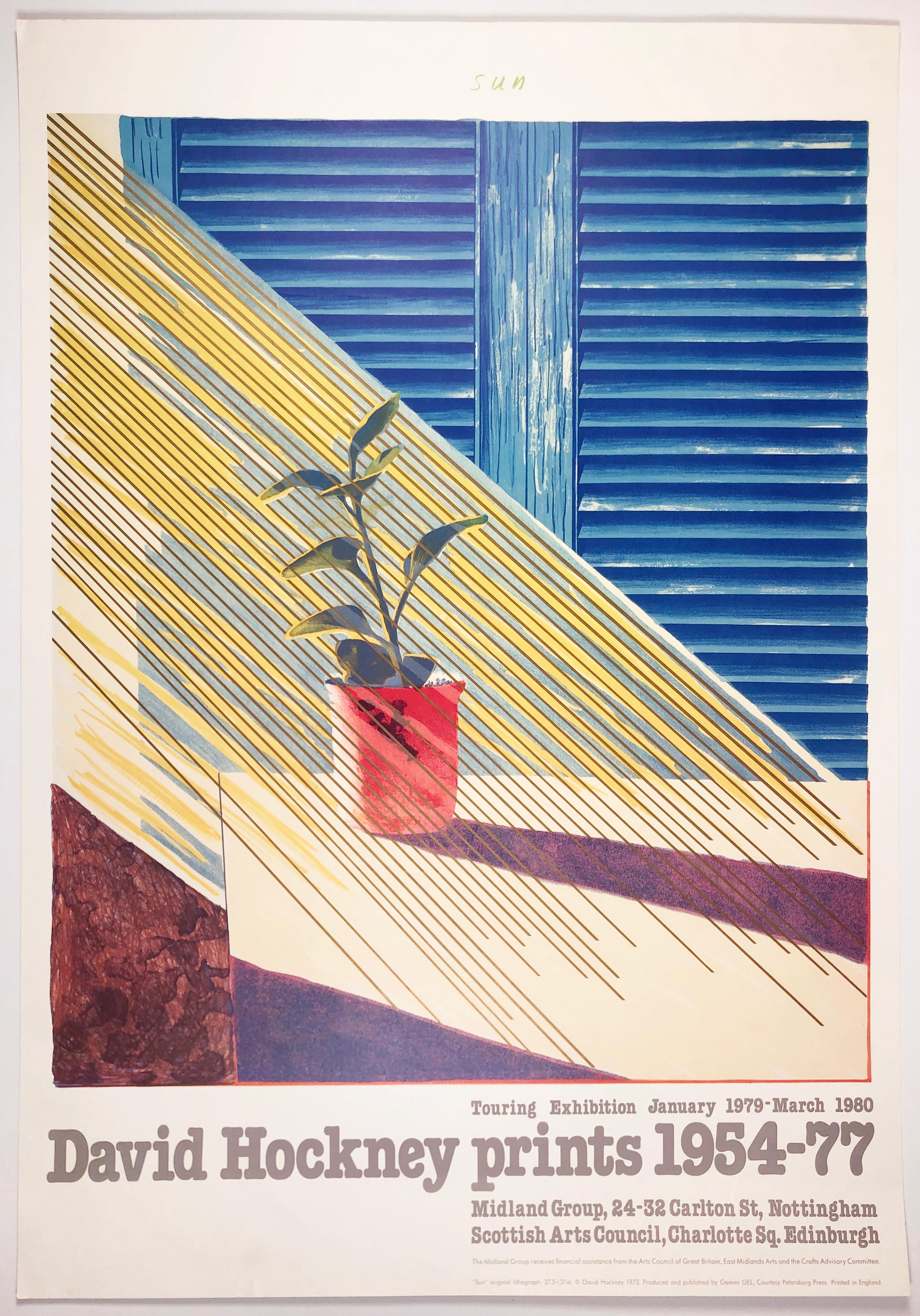 David Hockney Interior Print - Vintage Hockney poster Midland Group 1979 plant still life with golden sunshine 