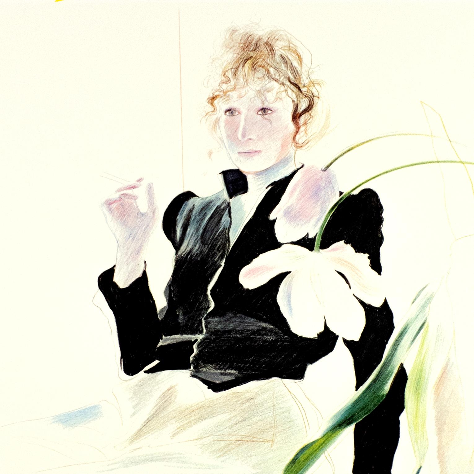 Vintage Hockney Tate-Poster, Celia in Schwarzem Kleid mit weißen Blumen und Regenbogen, Hockney – Print von David Hockney