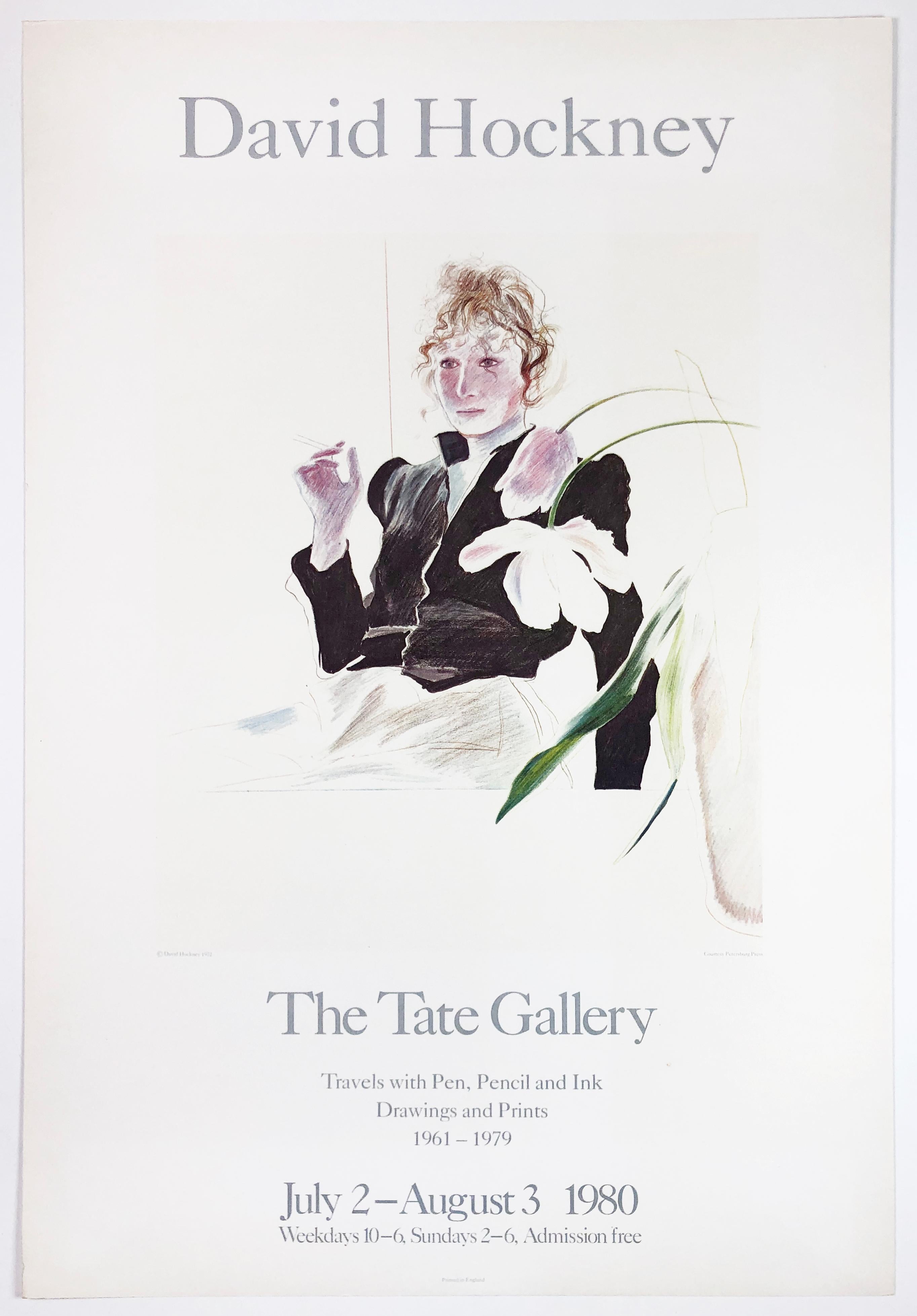 David Hockney Portrait Print - Vintage Hockney Tate Poster, Celia in Black Dress with white flowers and rainbow