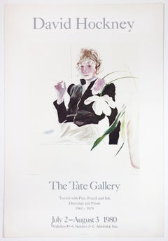 Vintage Hockney Tate-Poster, Celia in Schwarzem Kleid mit weißen Blumen und Regenbogen, Hockney