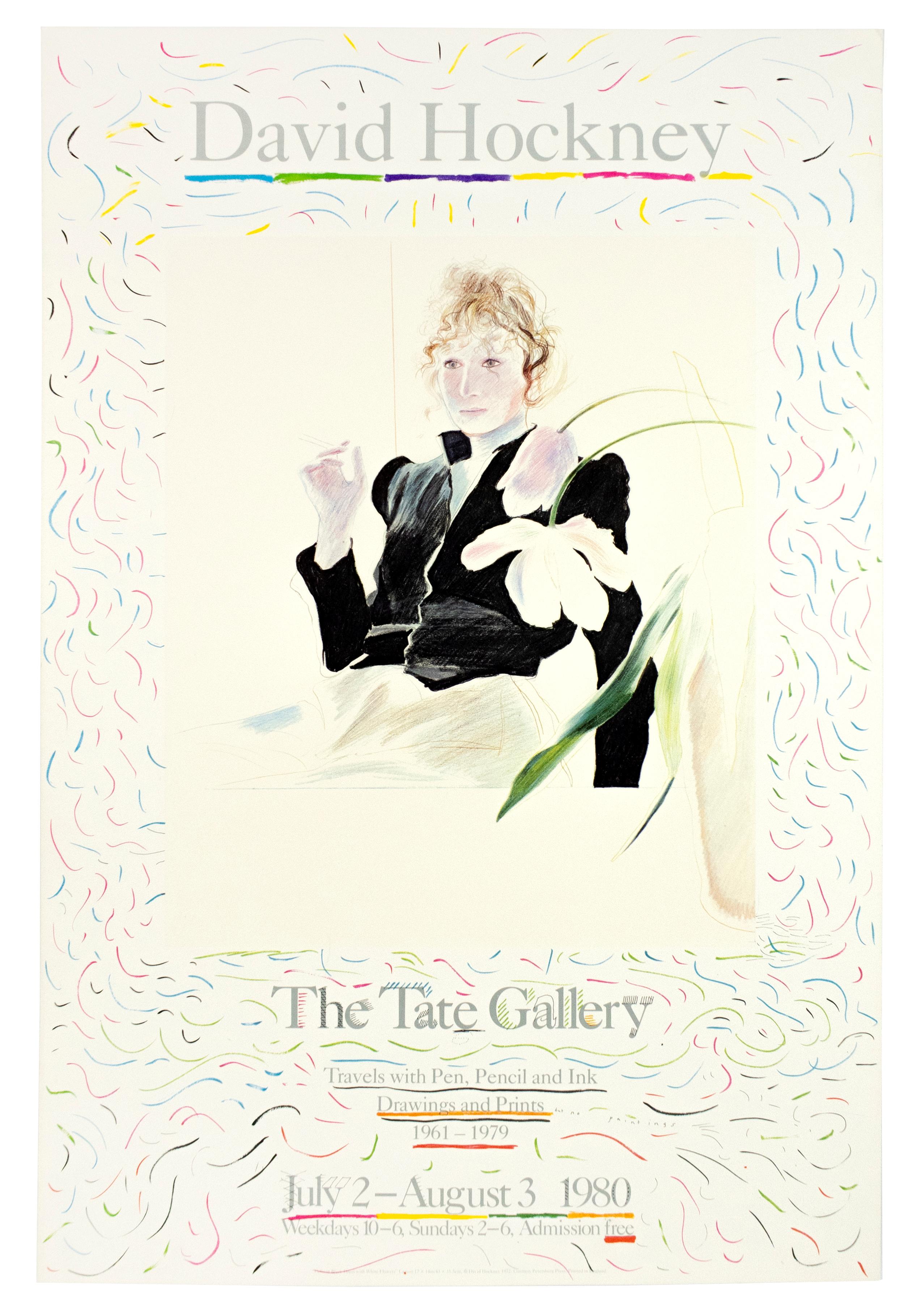 Poster vintage di Hockney Tate, Celia in abito nero con fiori bianchi e arcobaleno
