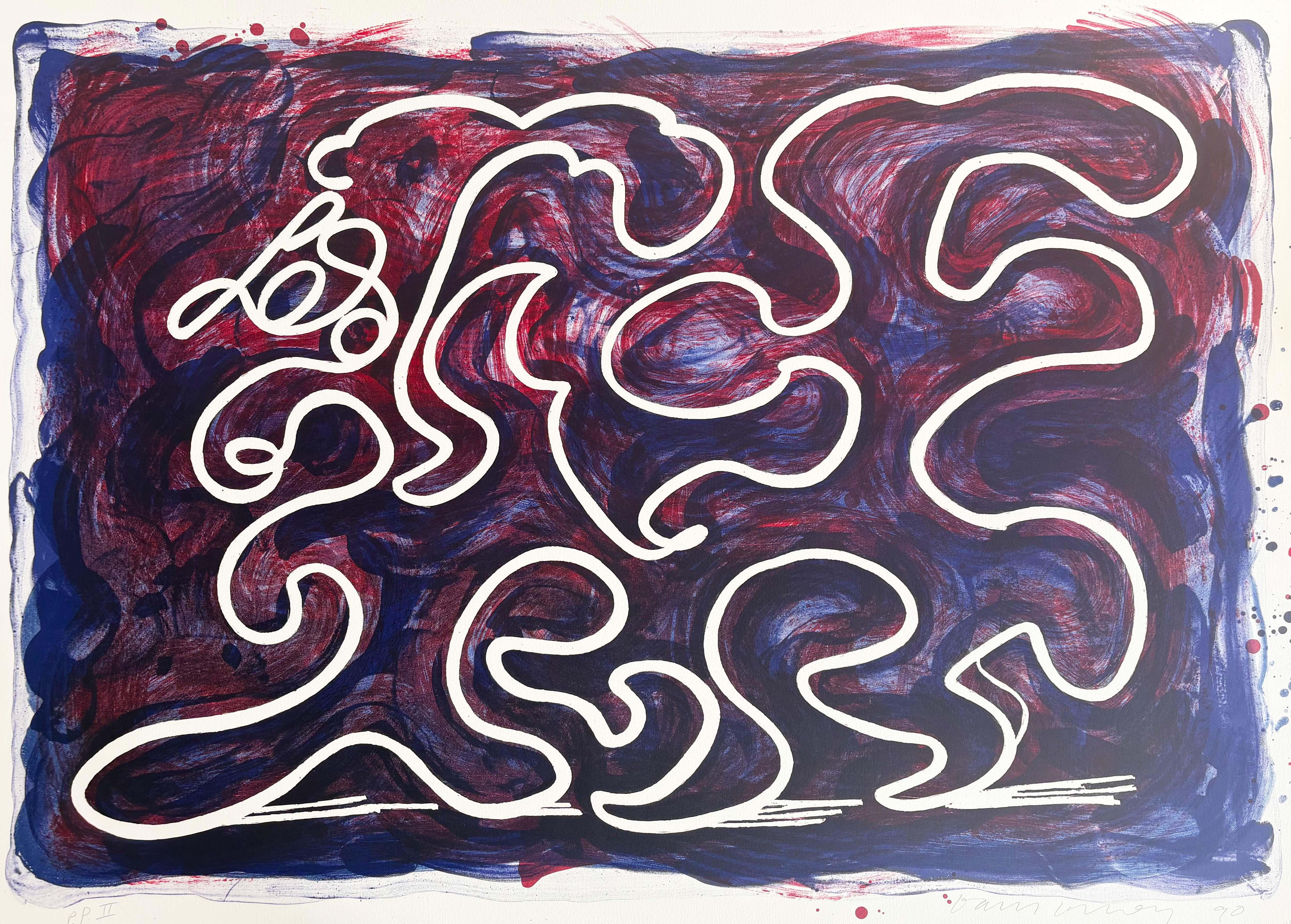 David Hockney Abstract Print - White Lines Dancing in Printing Ink - Abstract British Art