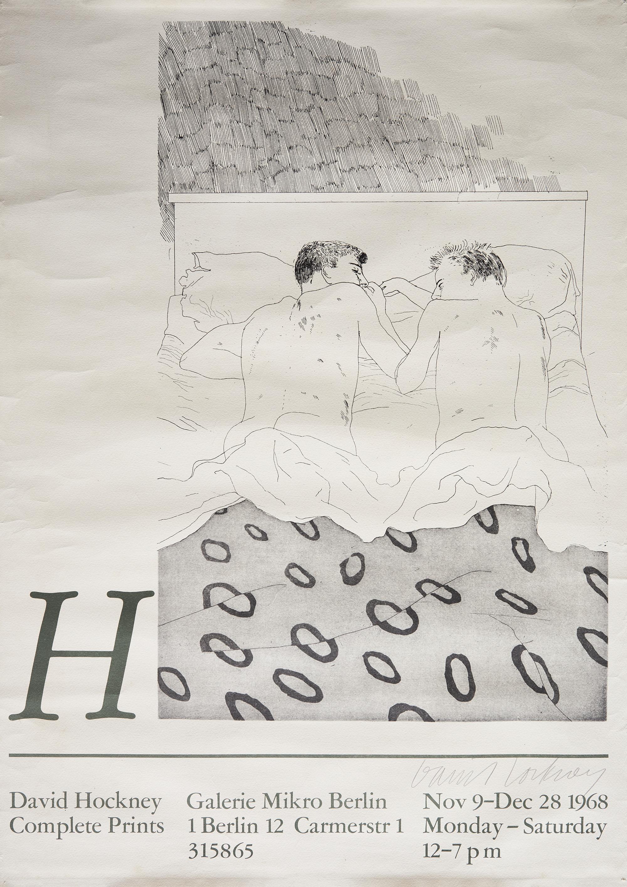 Tedesco Poster da esposizione firmato di David Hockney - Due ragazzi di 23 o 24 anni - Berlino, 1968 in vendita