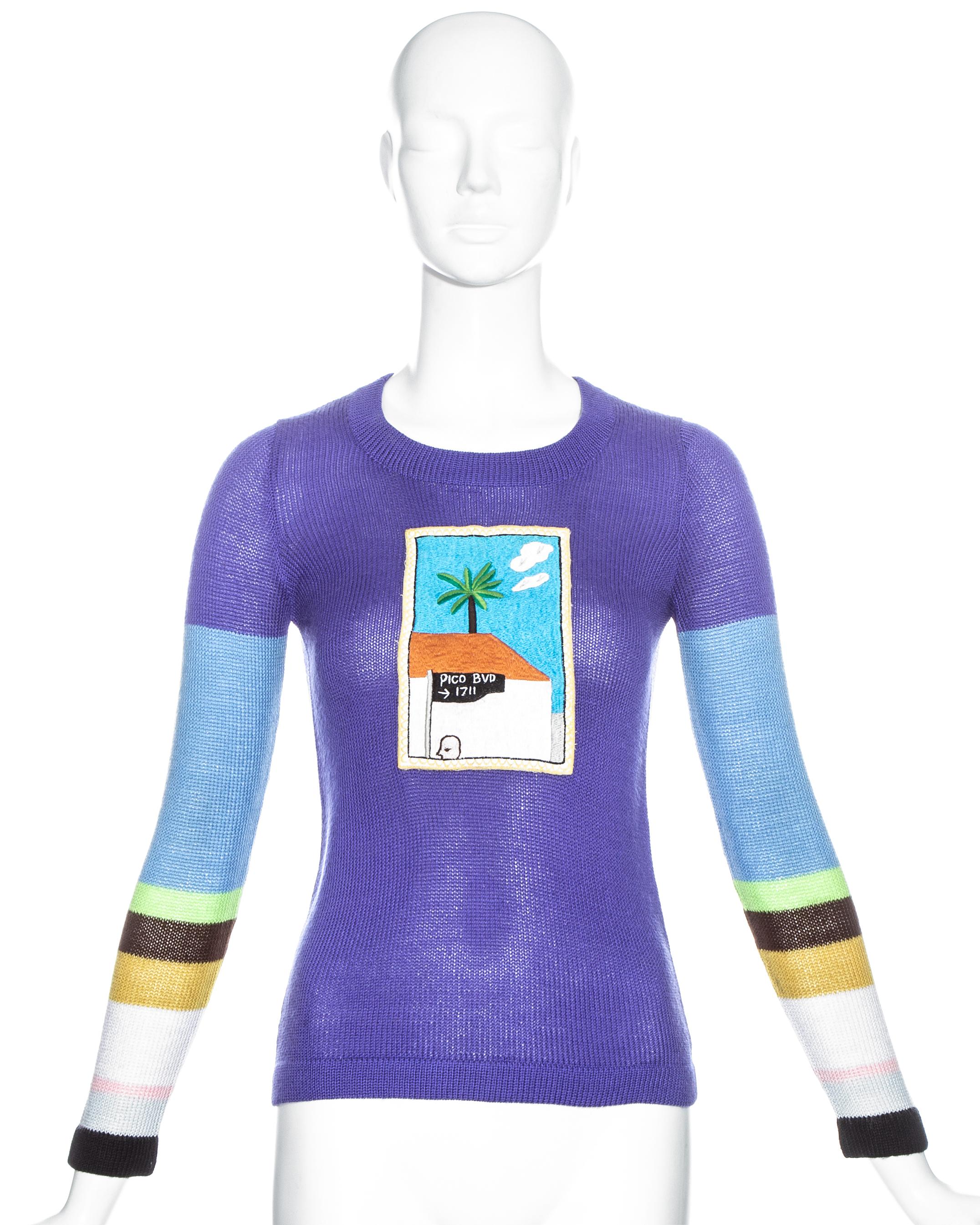 David Hockney multicoloured acrylic knit sweater from The Artist Collection by the Ritva Man. Embroidered appliqué, limited edition (124/150).

The Artist Collection was a collaboration with artists Elizabeth Frink, David Hockney, Patrick Hughes and