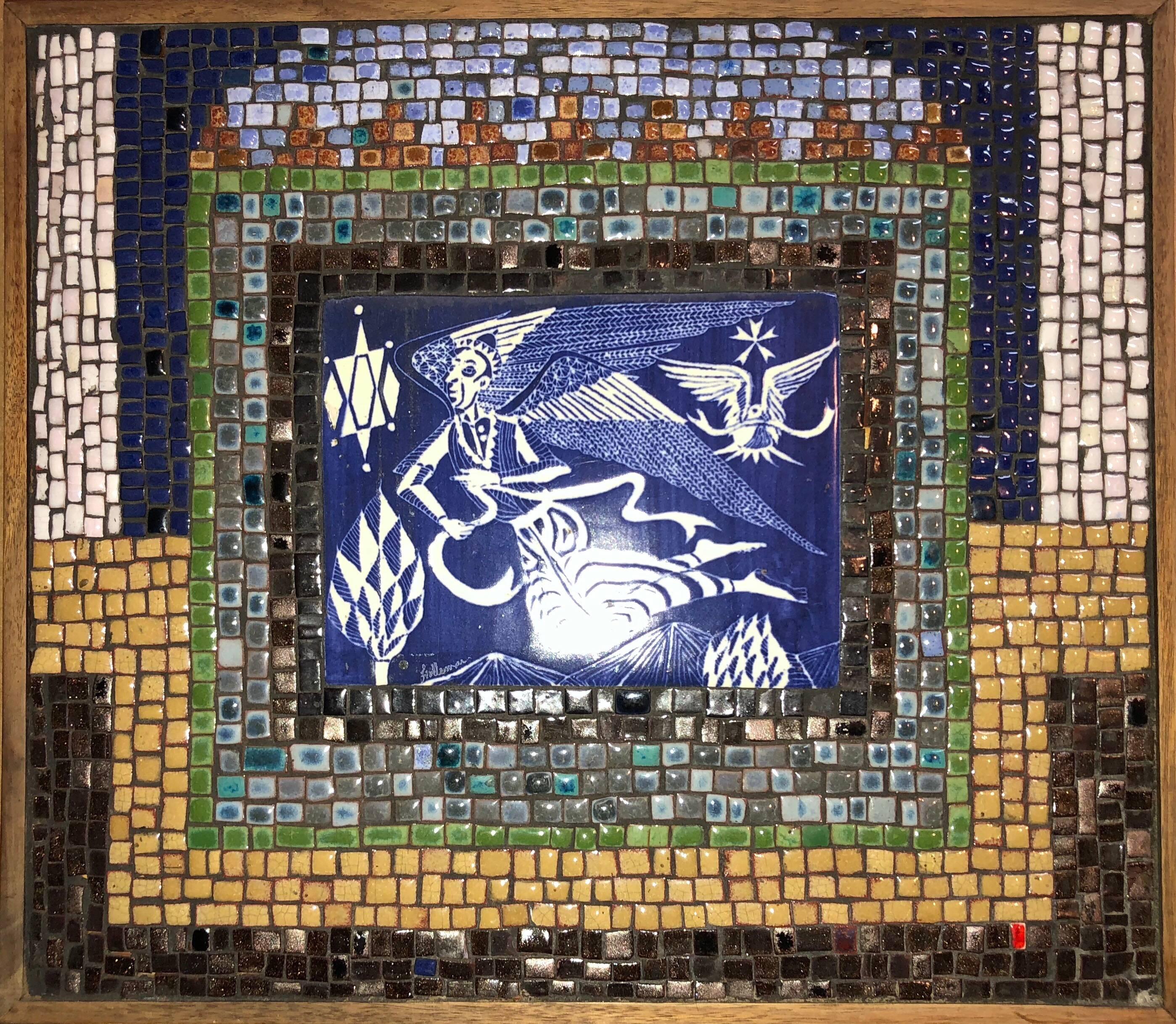 Rare Judaica Vintage, extraordinaire mosaïque avec des carreaux de céramique décorés de sgraffites et de calligraphie hébraïque par l'important céramiste et artiste mosaïste David Holleman (né en 1927).  Holleman est né dans le Massachusetts et a