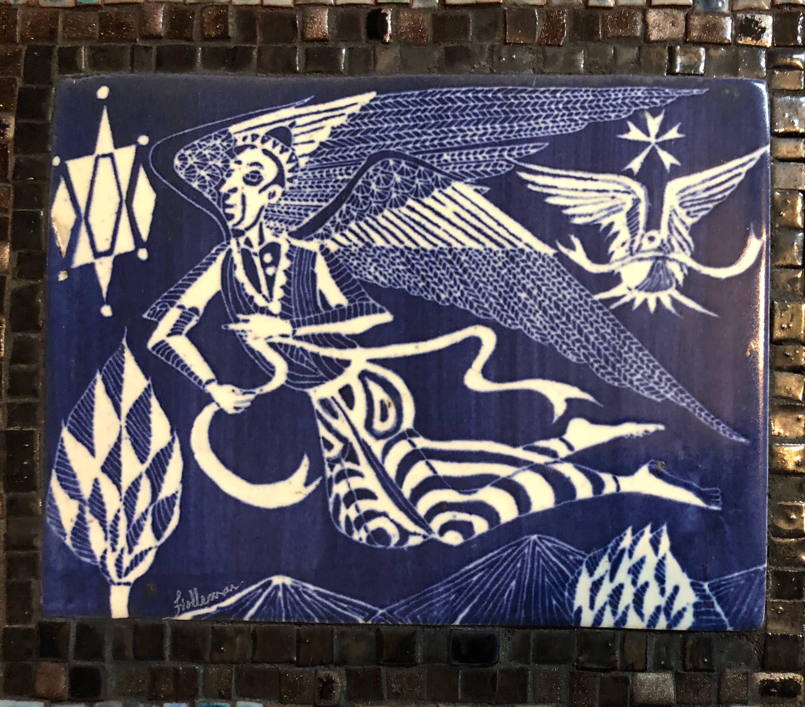 Rare Vintage Judaica Tile Mosaic with Sgraffito Hebrew Calligraphy - American Modern Sculpture by David Holleman