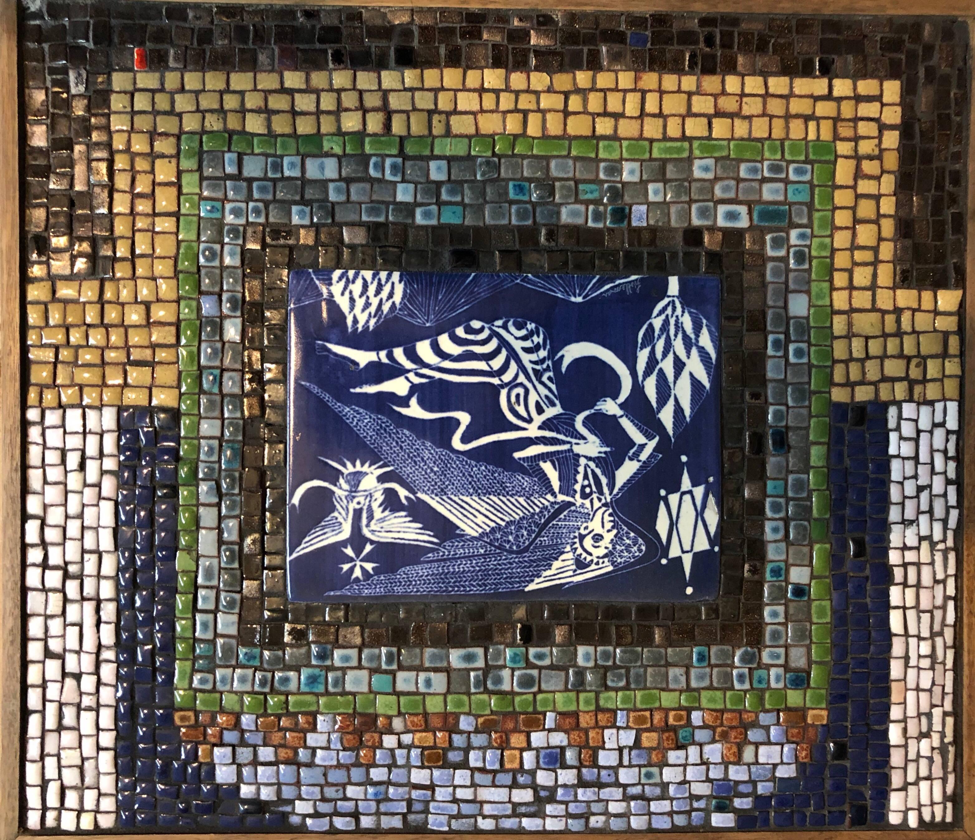 David Holleman Abstract Sculpture - Rare Vintage Judaica Tile Mosaic with Sgraffito Hebrew Calligraphy