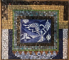 Rare mosaïque judaïque vintage en carreaux avec calligraphie hébraïque en sgraffite