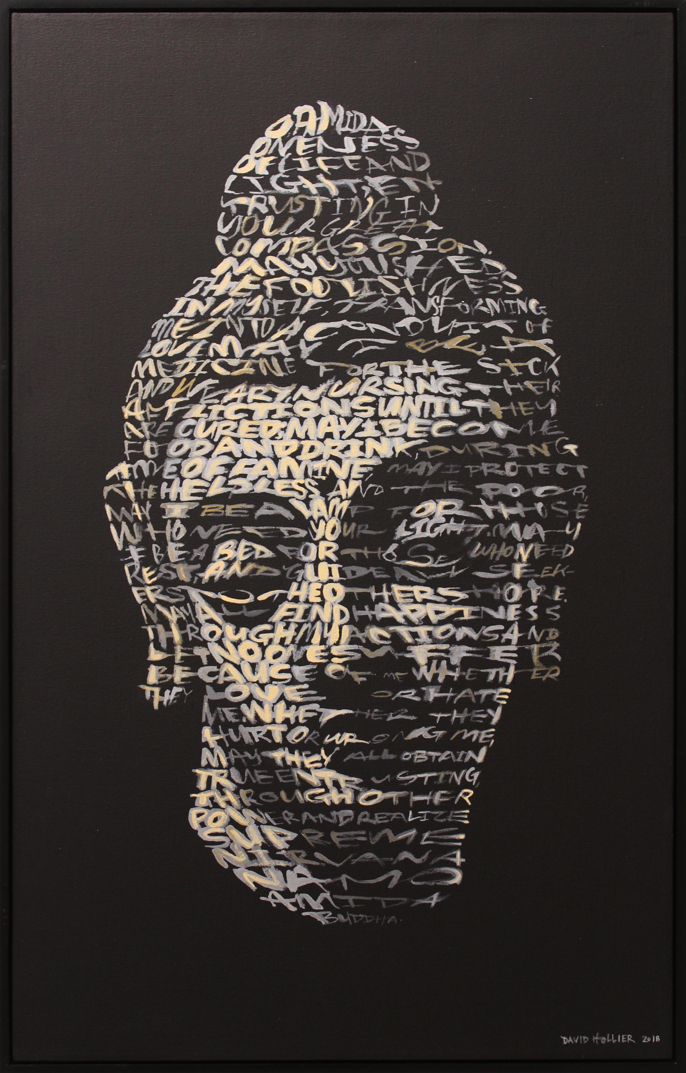 David Hollier Figurative Painting - "Buddha" Text: Metta Karuna Prayer, Acrylic on Canvas