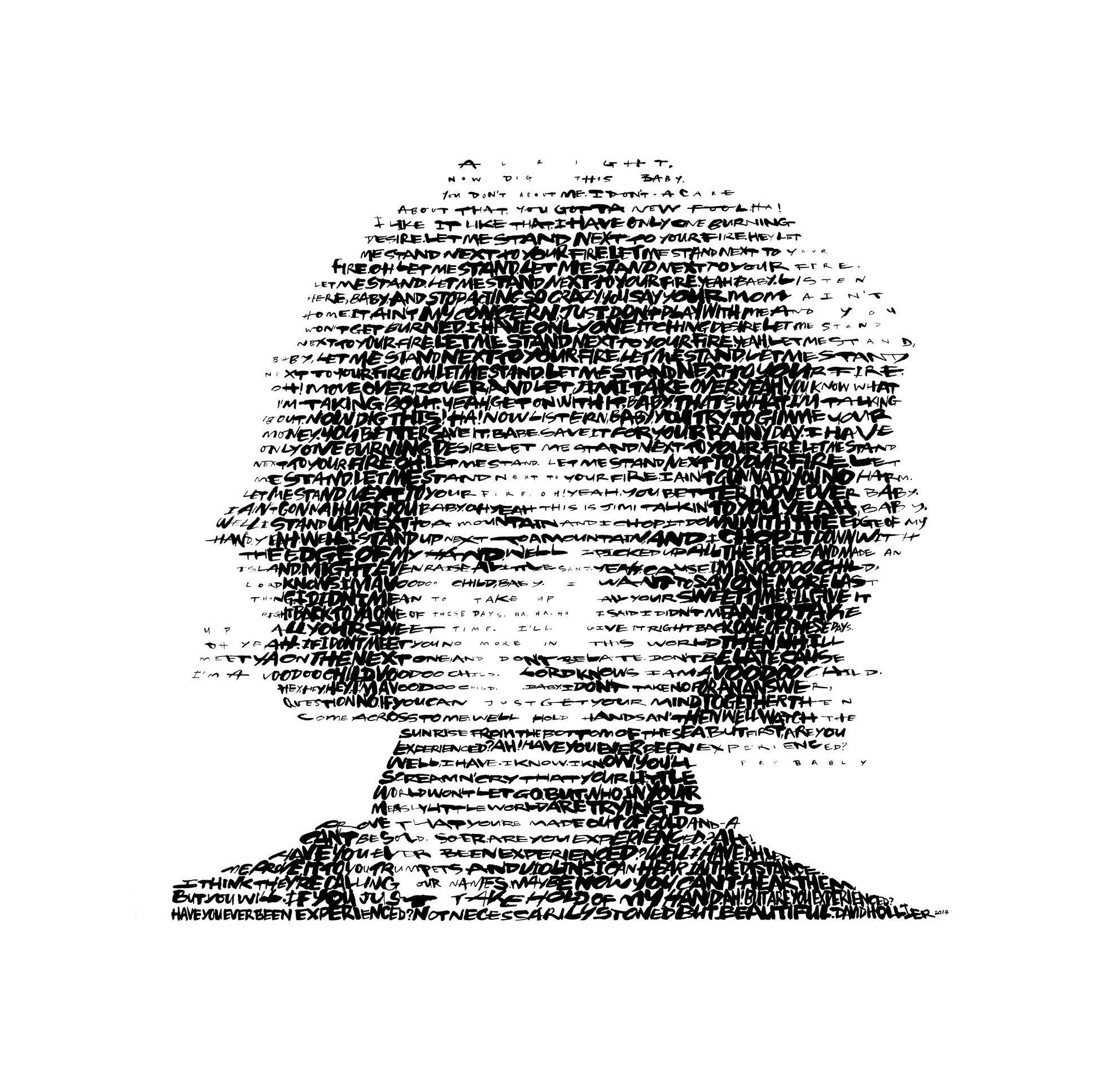 Testi: 'Fire', 'Voodoo Child' e 'Are You Experienced? (Jimi Hendrix)

Serigrafia e edizione limitata di 50 esemplari

Su carta di cotone al 100% a pH neutro e priva di acidi da 250 g/m² (90lb) con inchiostro acrilico di alta qualità a base