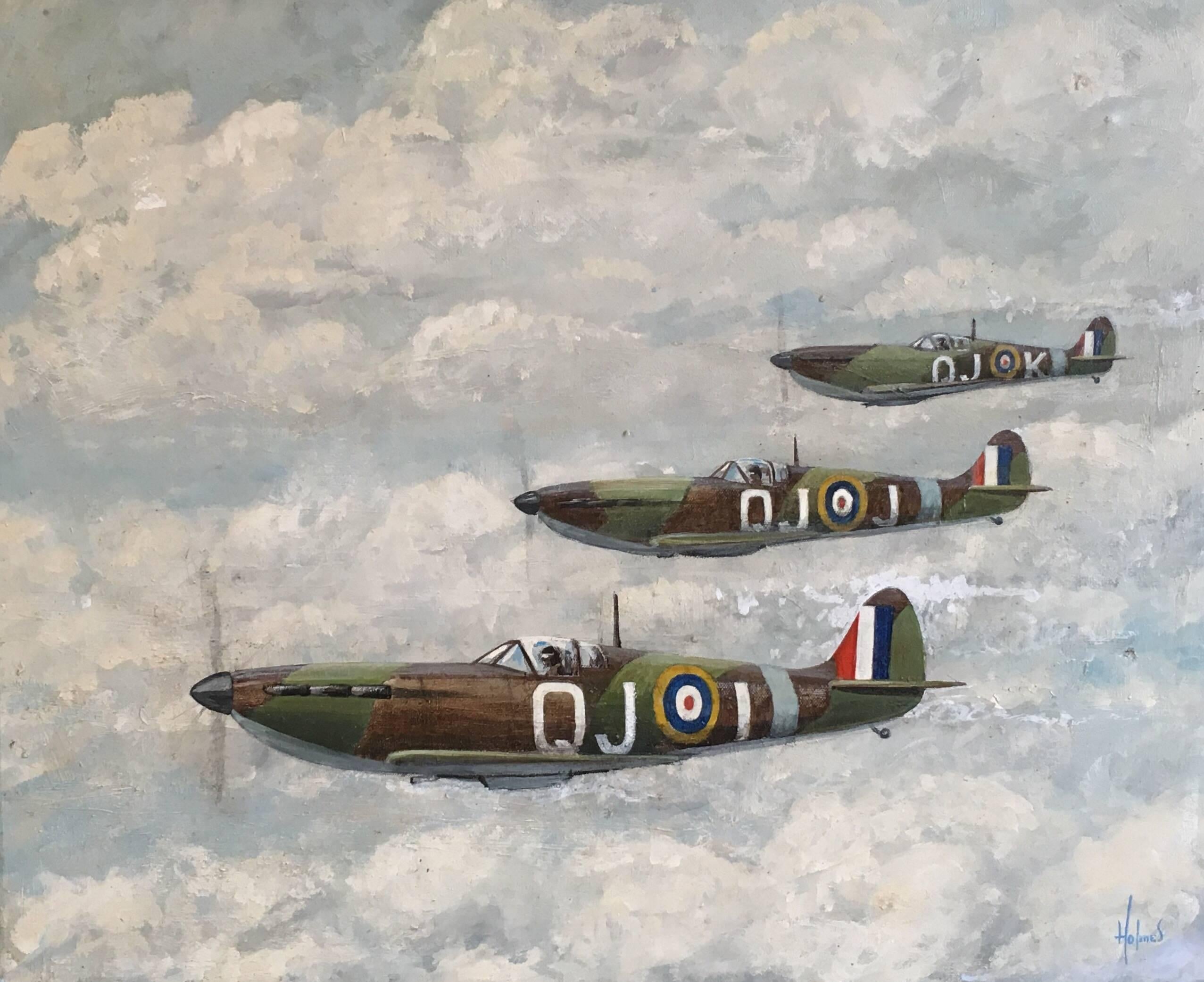 David Holmes Landscape Painting - Three Spitfires, original oil painting