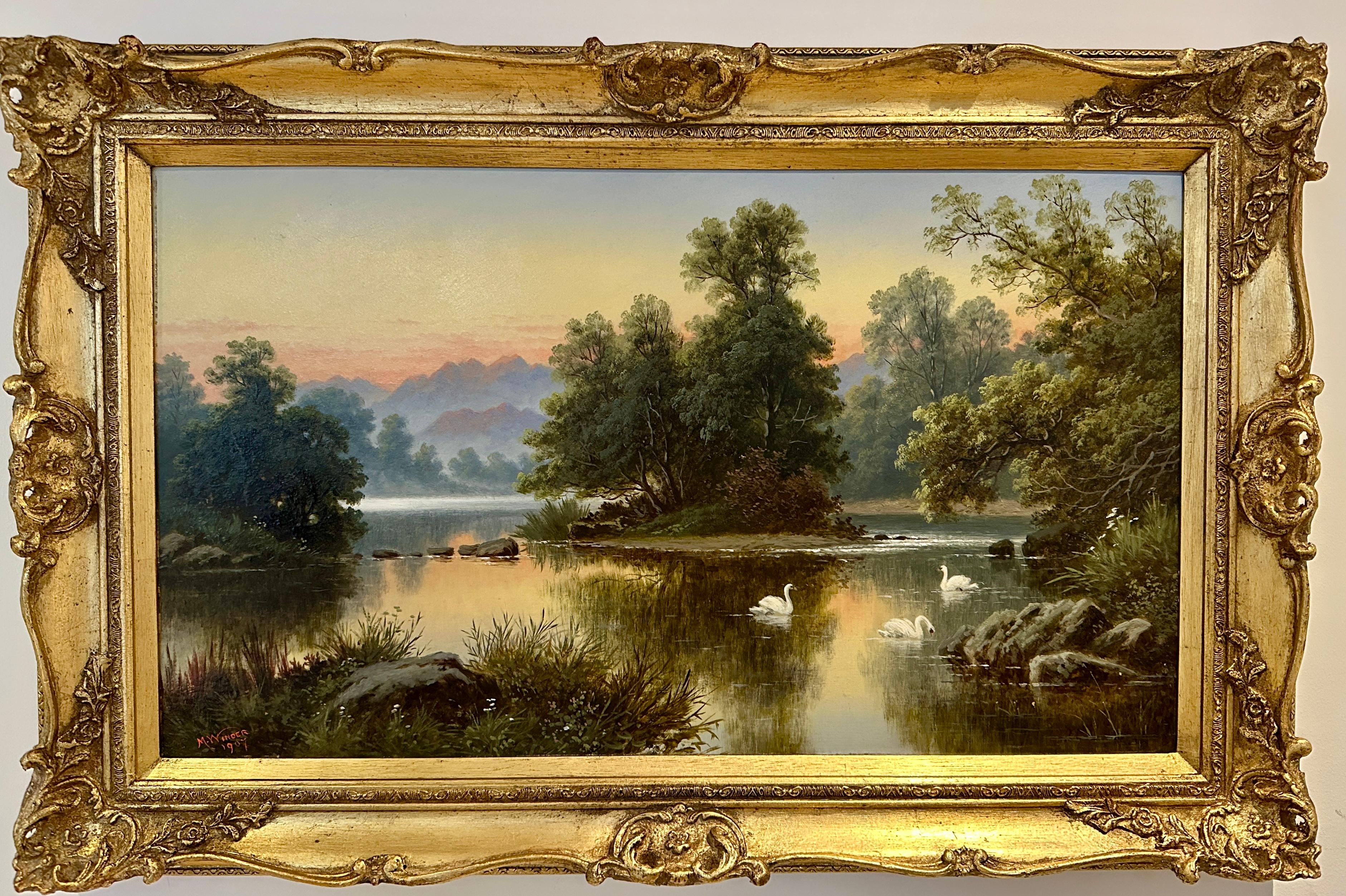 Early 20th century English River landscape with a family of Swans at Sunset