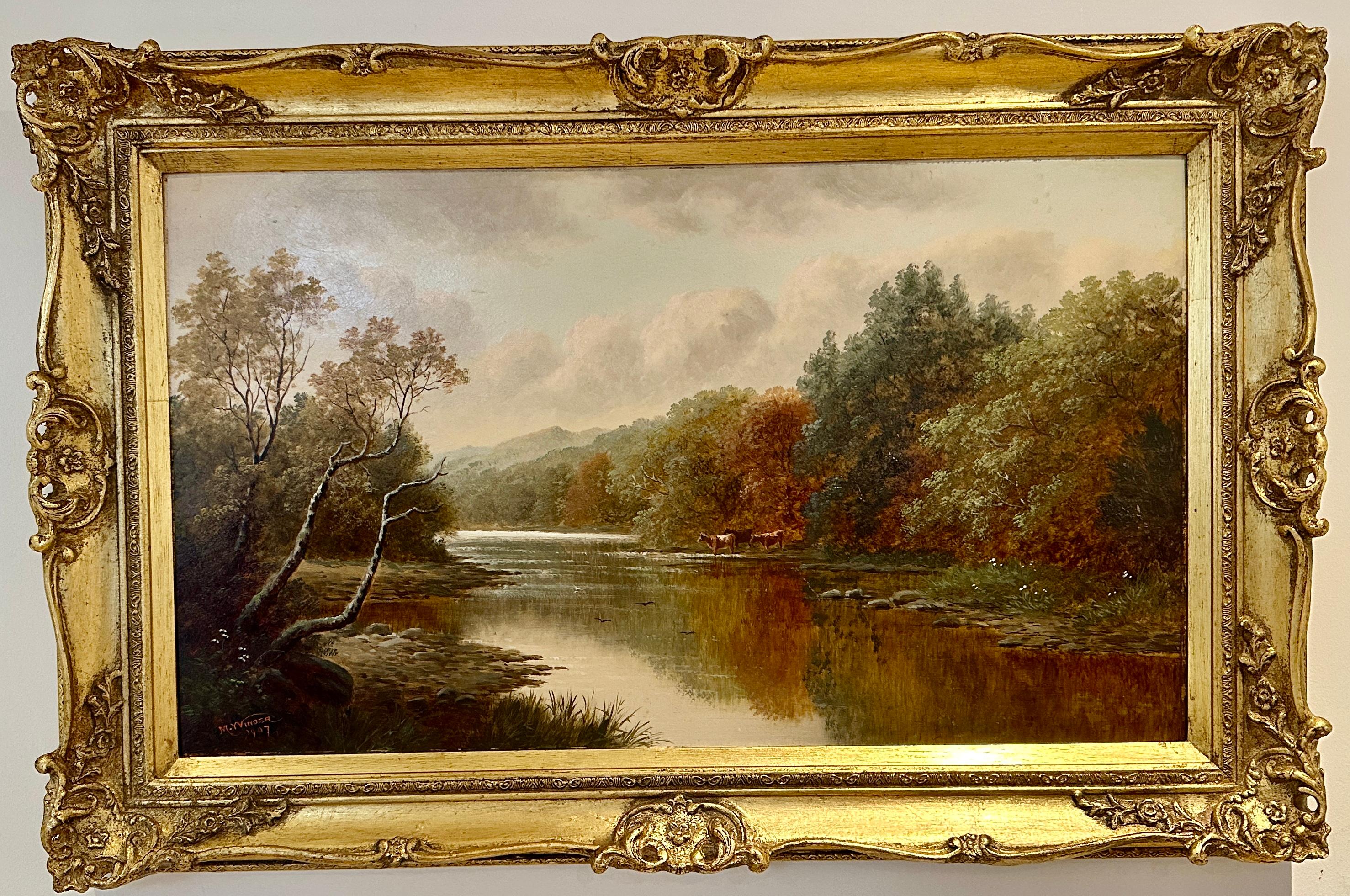 DAVID HORATIO WINDER Figurative Painting - Early 20th century English River landscape with a herd of Cows crossing a River