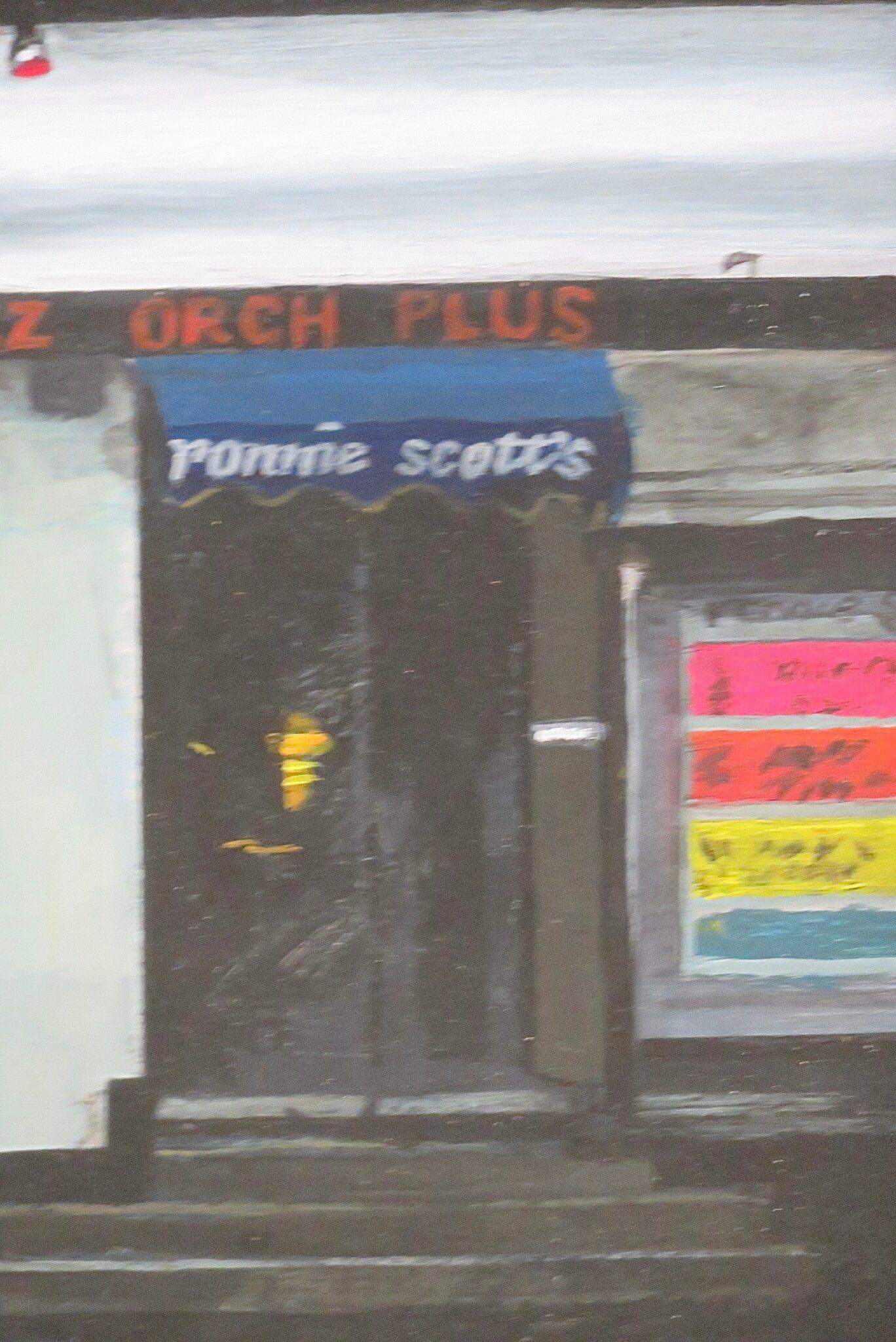Pittura ad olio originale della fine del XX secolo - LONDRA SOHO Famoso Ronnie Scotts Jazz Club - Landscape Painting Nero di David Hosie 