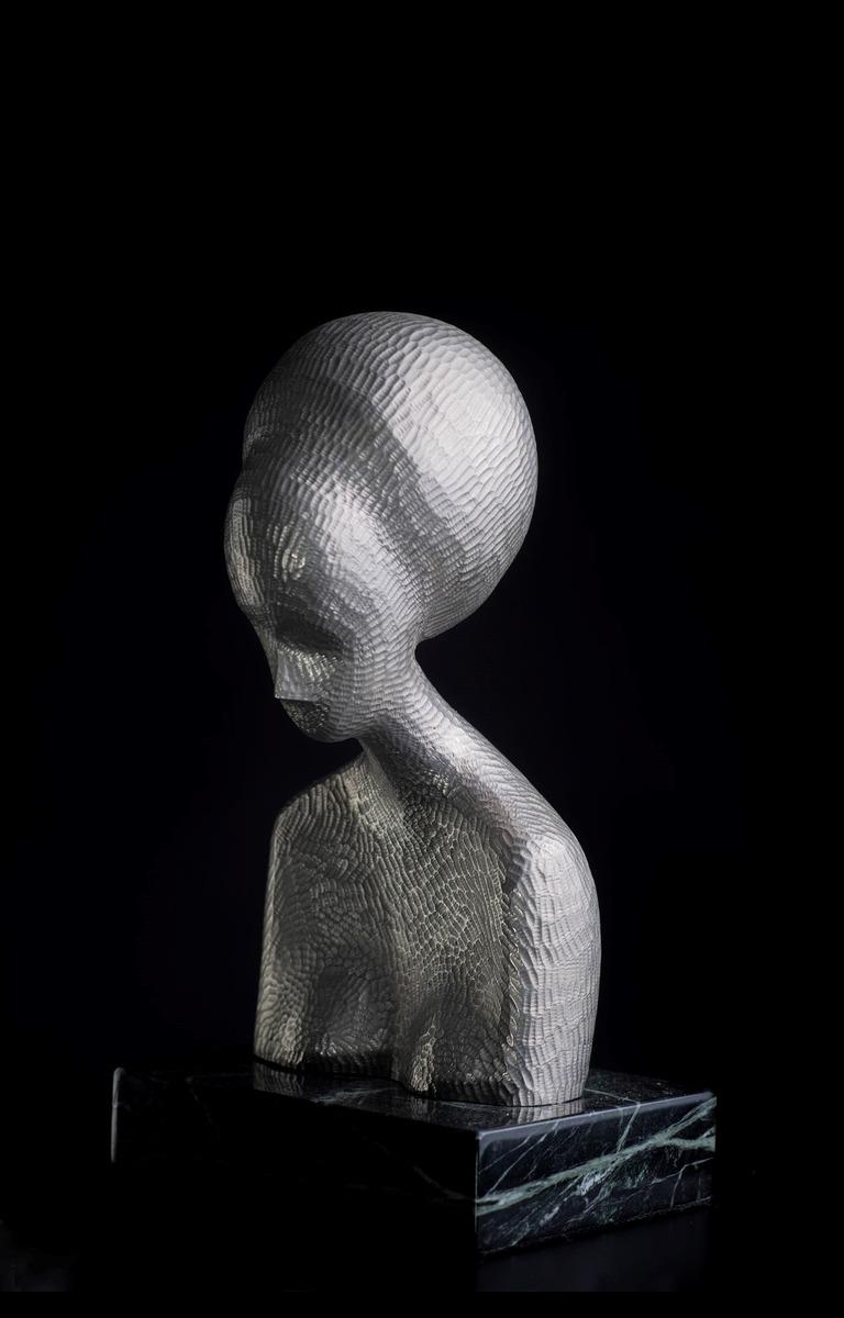 David Hostetler Carved Nickle Sculpture Silver Modern Female Bust 1980s For Sale 2