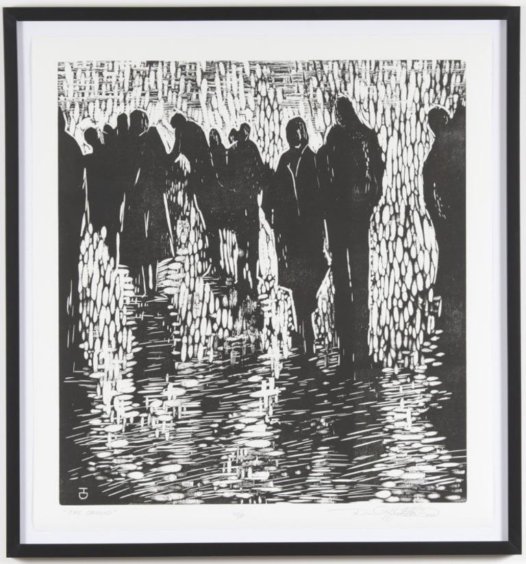David Hostetler's Crowd woodcut inspired a painting commission that opened David's vision to pursue this imagery in paintings and monoprints. It has a timelessness and universal of place.... any plaza, anytime. It is shown framed, floating with no