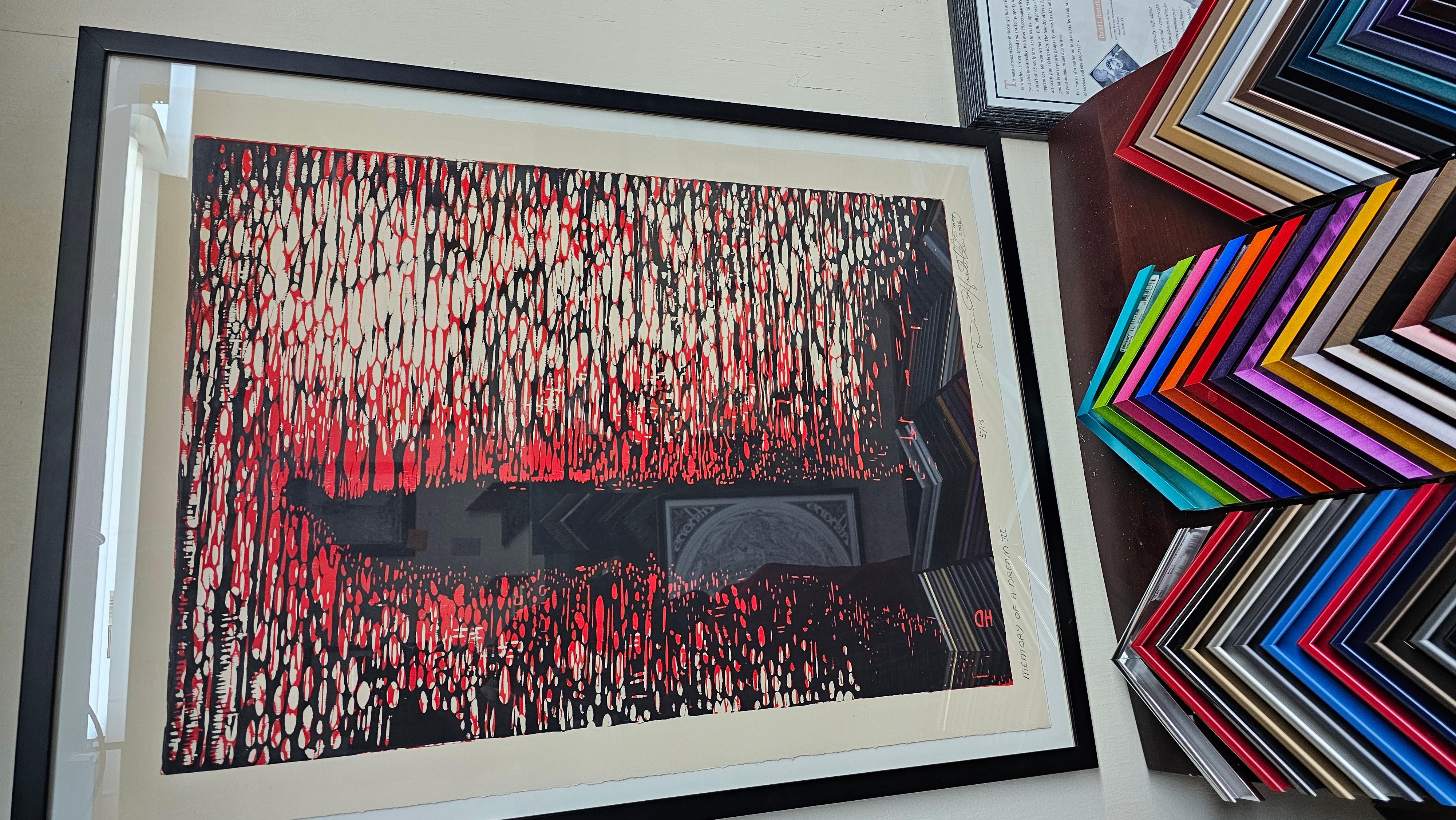 David Hostetler Memory of a Dream woodcut print is an edition of 10. You can see the influence of his Guardian sculpture series in the single figure. It took years for David's master printmaker to get him to make a woodcut. He said I carve all