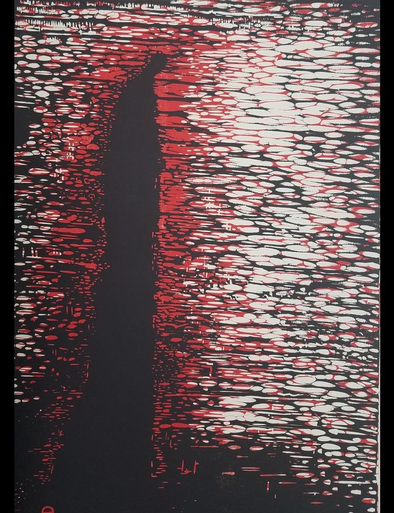 David Hostetler Holzschnitt-Druck, eine Figur, abstrakt, japanisch, rot und schwarz