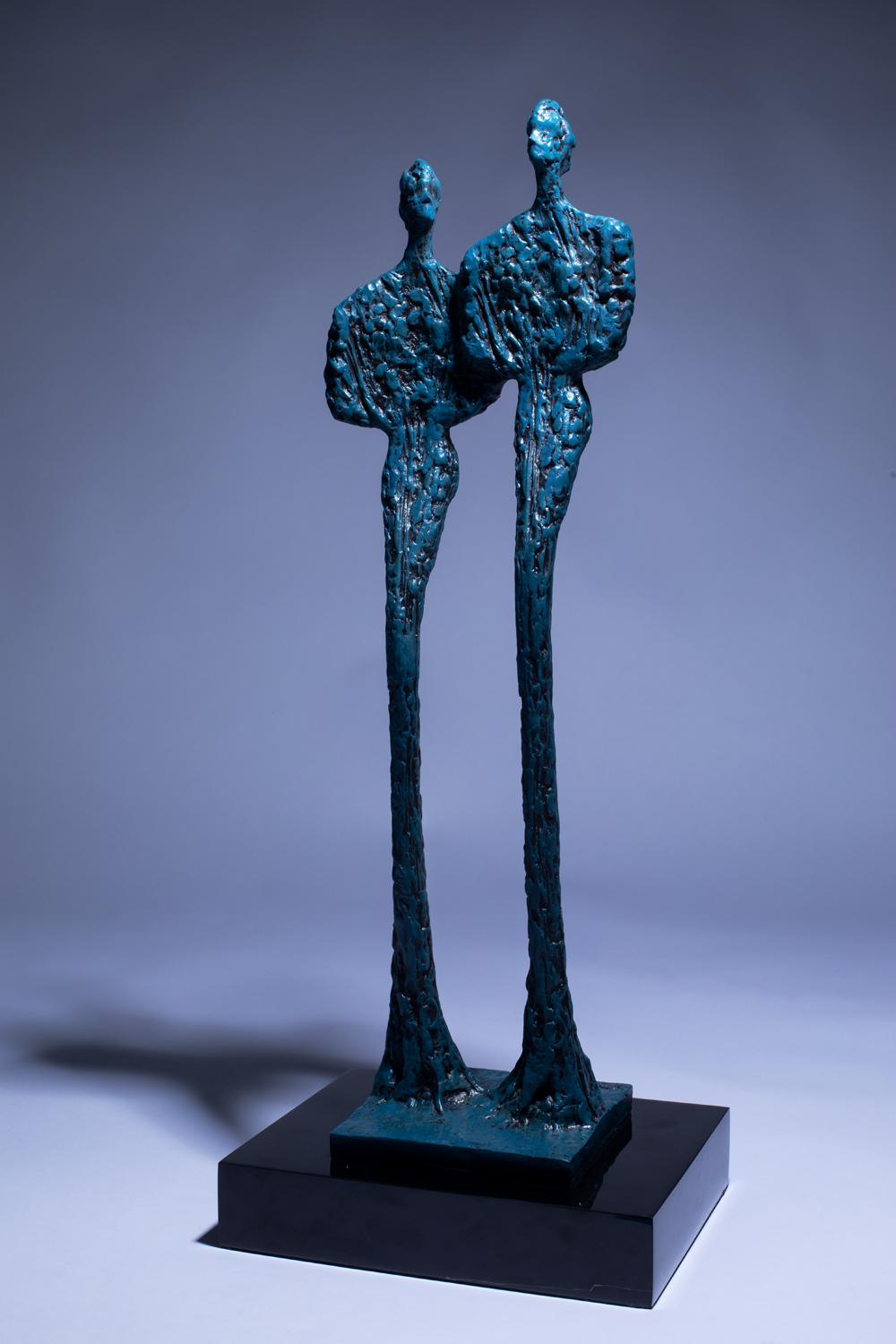 Doppelfiguren-Skulptur, blaue Rohoberfläche, Paar verschmolzene Liebesbeziehungen, Bonds Trump