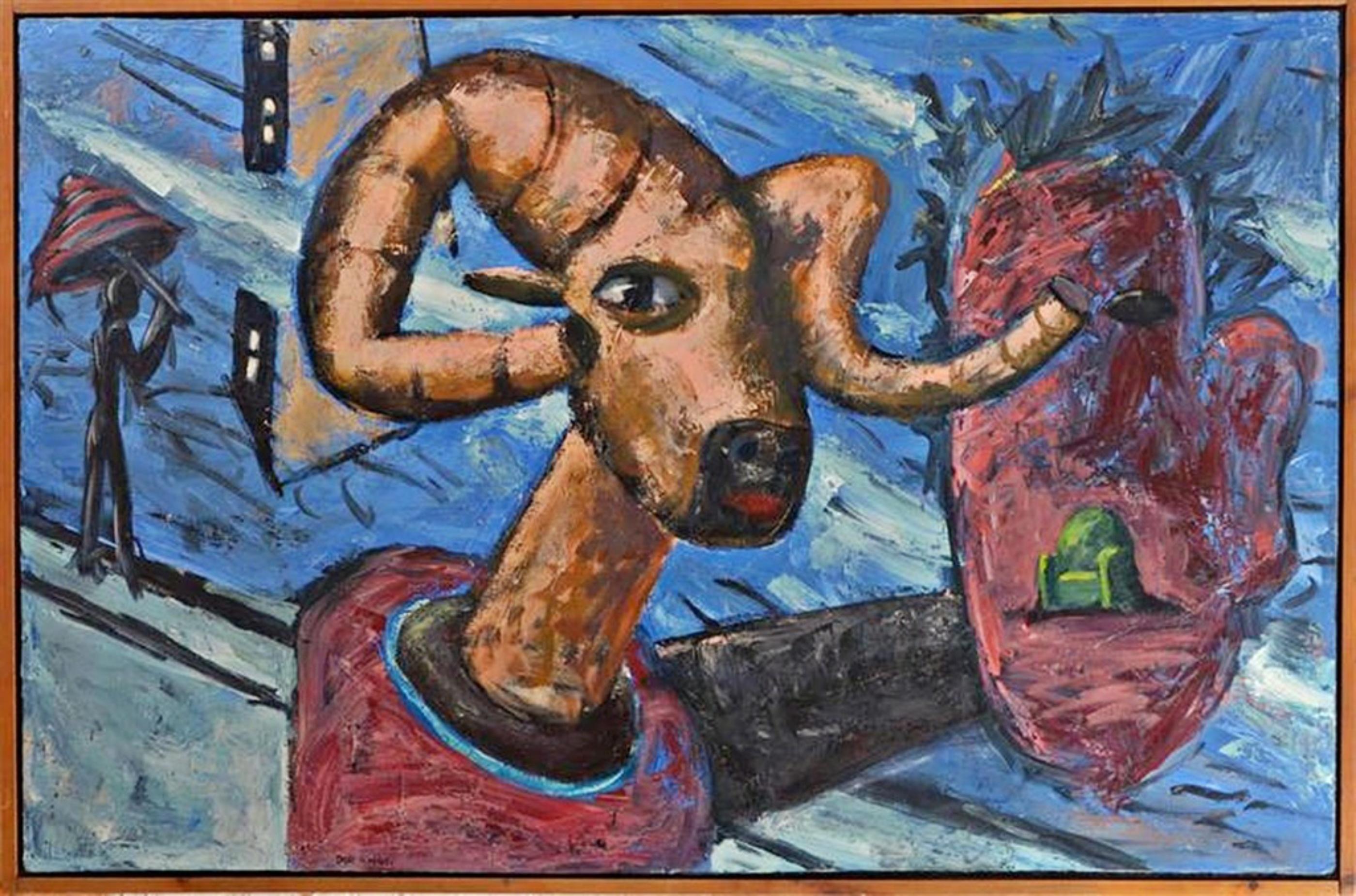 David Humphrey
Trophy (Museum of Contemporary Art, Chicago), 1983
Oil on Canvas painting
Signed Twice: Hand signed and dated verso, also artist has signed his name and written his home address on the verso. 
This is a unique work
Frame included: