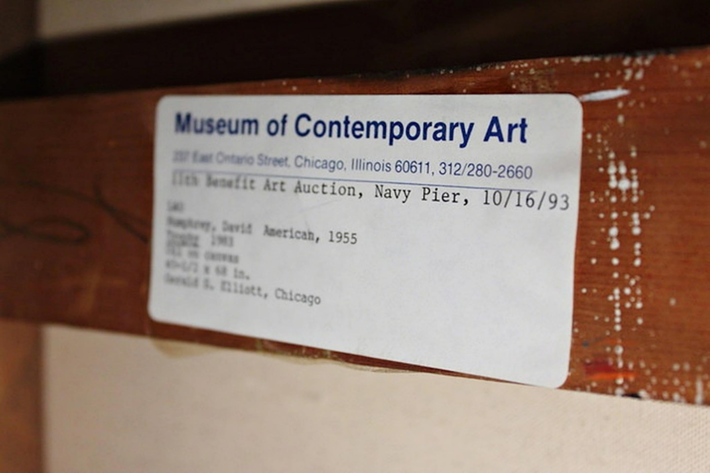 David Humphrey
Trophée (Musée d'art contemporain, Chicago), 1983
Peinture à l'huile sur toile
Signé deux fois : Signé à la main et daté au verso, l'artiste a également signé son nom et écrit son adresse personnelle au verso. 
Il s'agit d'une œuvre