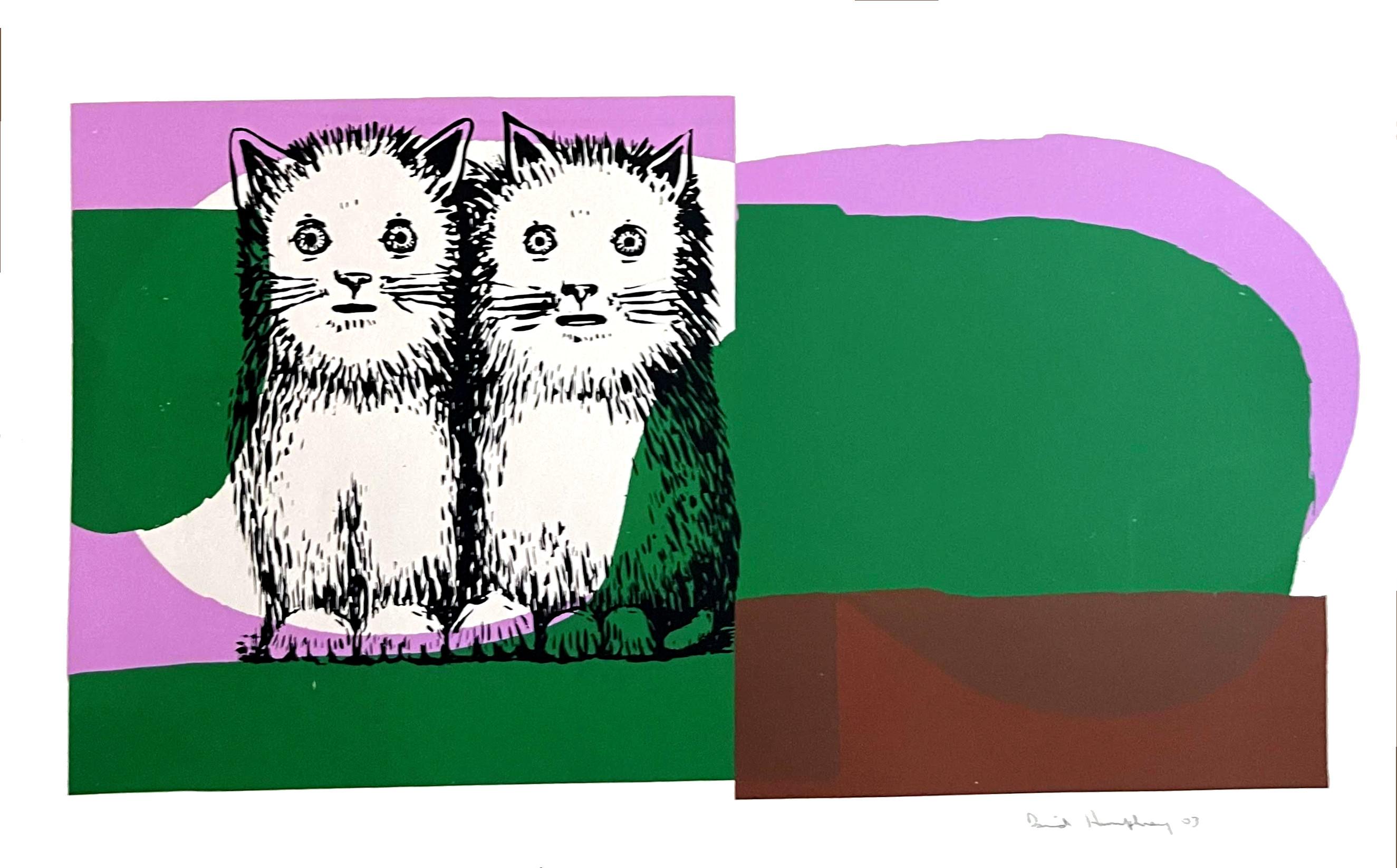 David Humphrey Abstract Print - Untitled Monotype of two cats (Two Kitties), Unique signed print