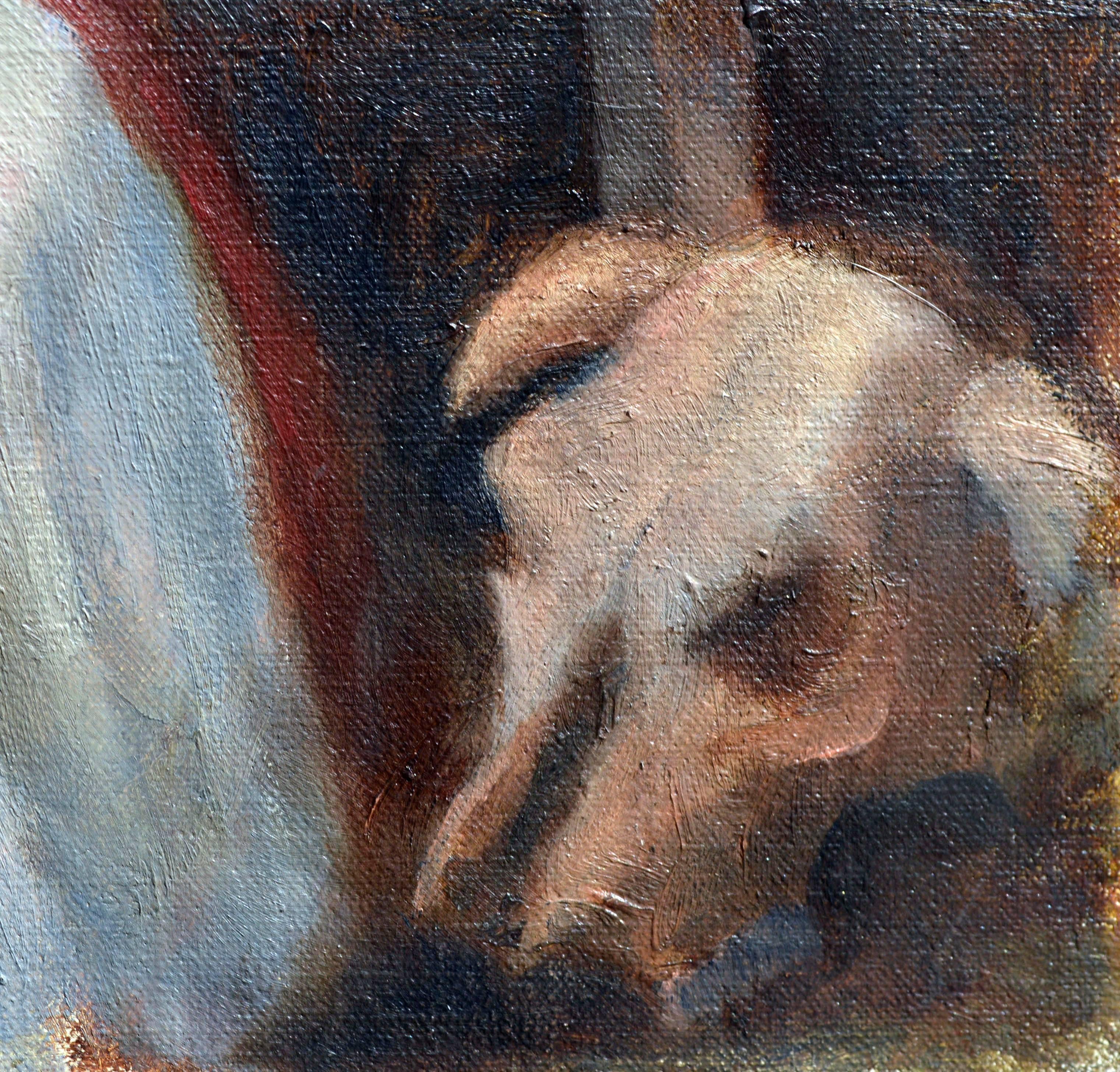 Figura di nudo reclinato in olio su lino

Questo quadro originale è uno studio di figura nuda splendidamente raffigurata in un accogliente spazio interno con elementi del sud-ovest, opera dell'artista David Hunt di San Jose, California (americano,