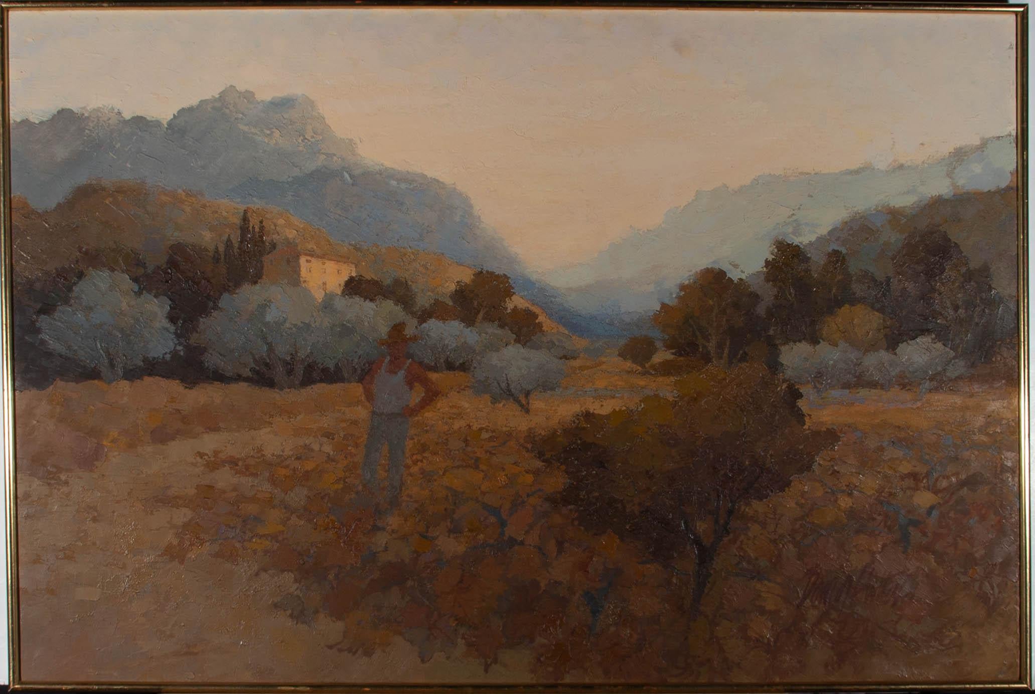 A serene and atmospheric landscape in impasto oil, showing a summery view of a shrubland valley near the Spanish town of Ayerbe. A male figure stands in the foreground, back lit by the waning glow of the setting sun. The artist has captured an