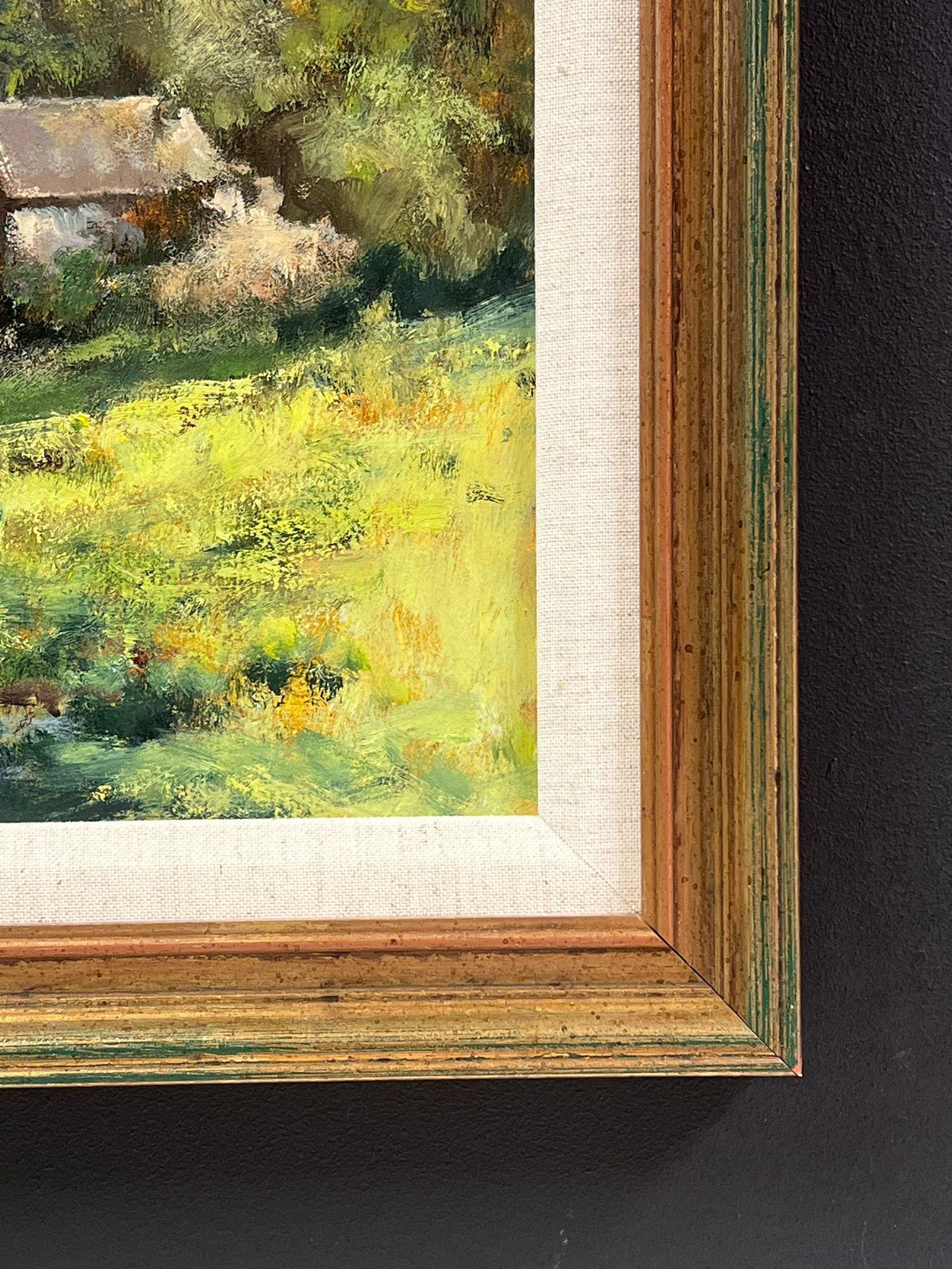 English Impressionist Signiertes Ölgemälde Water MIll House in Summer Meadows (Braun), Landscape Painting, von David Hyde