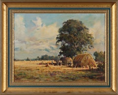 English Harvest - Vintage Impressionist Landscape Painting with Horses & Figures