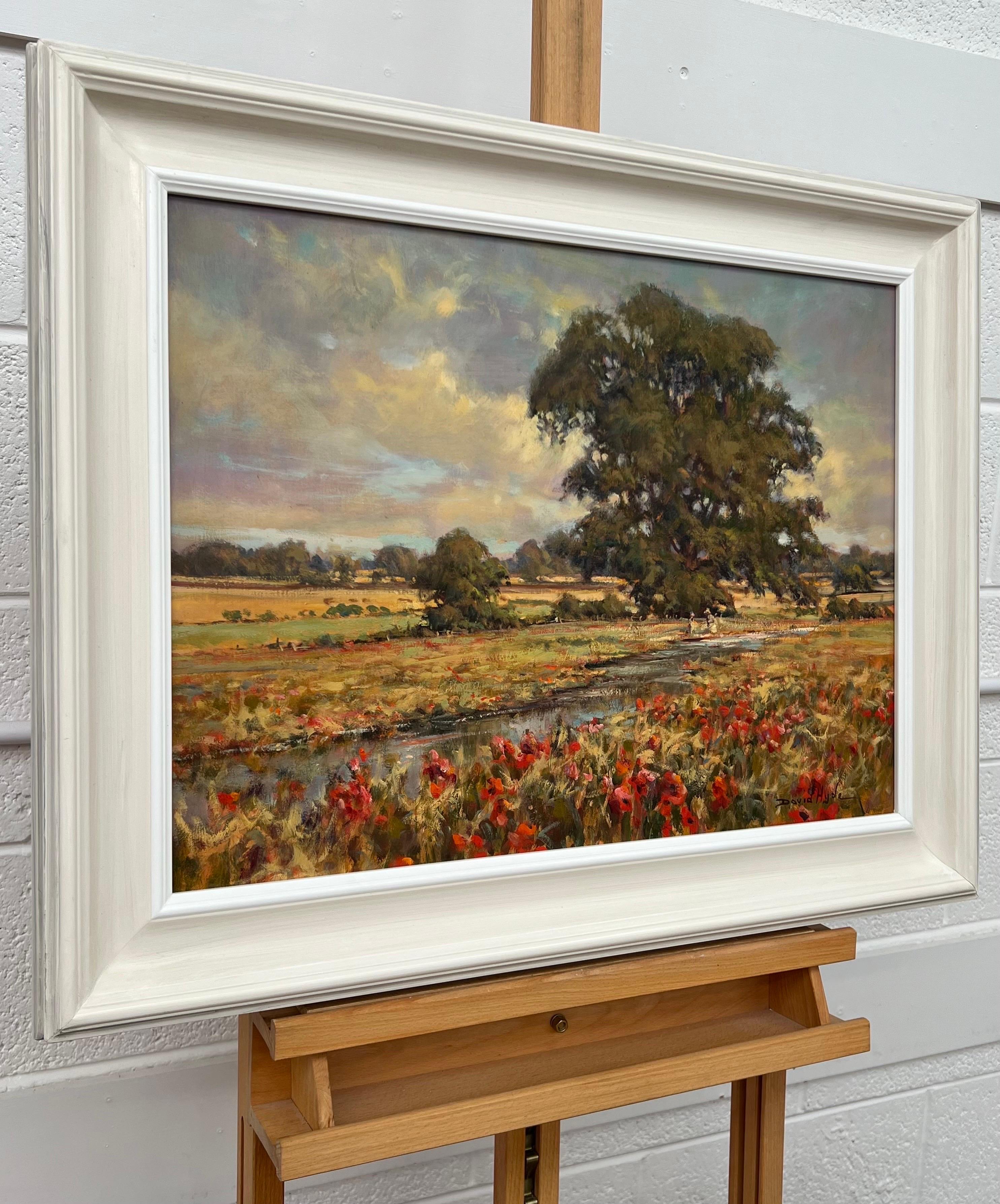 Impressionistisches englisches Fluss-Landschaftsgemälde mit Blumen und Figuren, Vintage (Impressionismus), Painting, von David Hyde
