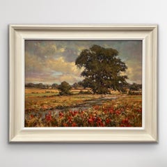 Vintage Impressionist English River Landscape Painting with Flowers & Figures