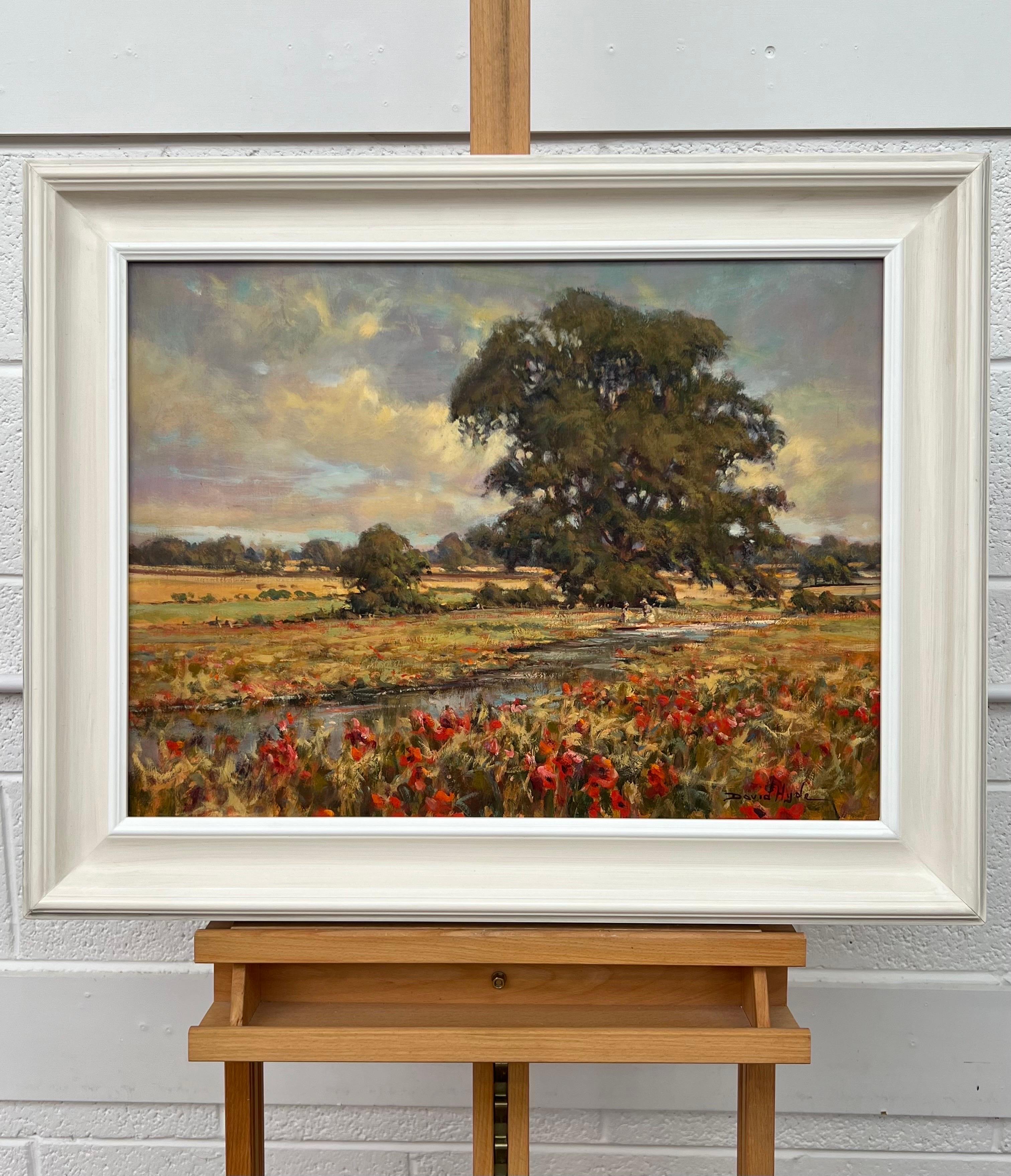 Vintage Impressionist English River Landscape Painting mit wilden roten Blumen und Figuren von britischen Künstler, David Hyde. Das Gemälde zeigt zwei Kinder, die unter einem Baum an einem Fluss in der englischen Landschaft spielen, angrenzend an