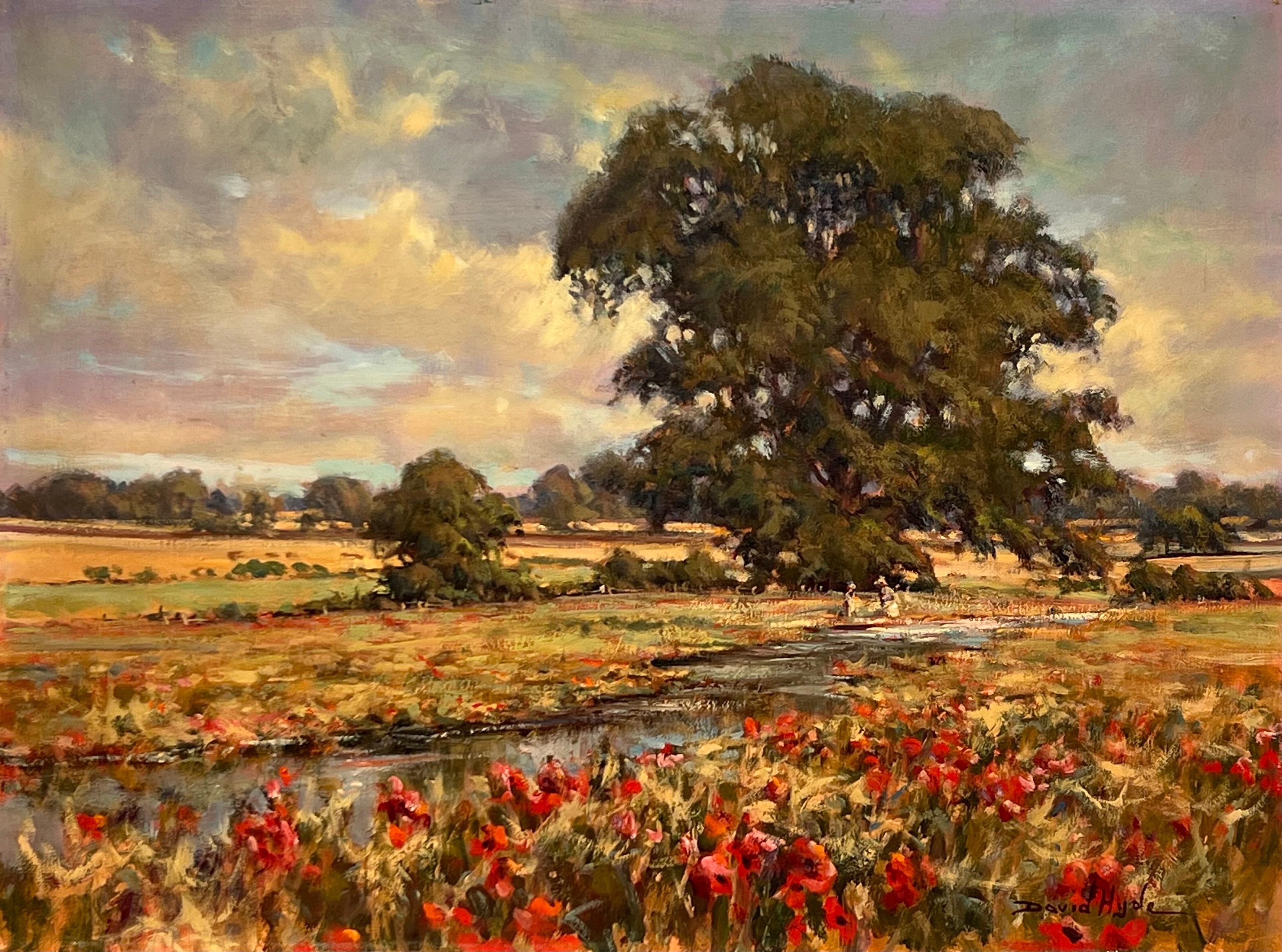 Impressionistisches englisches Fluss-Landschaftsgemälde mit Blumen und Figuren, Vintage im Angebot 2