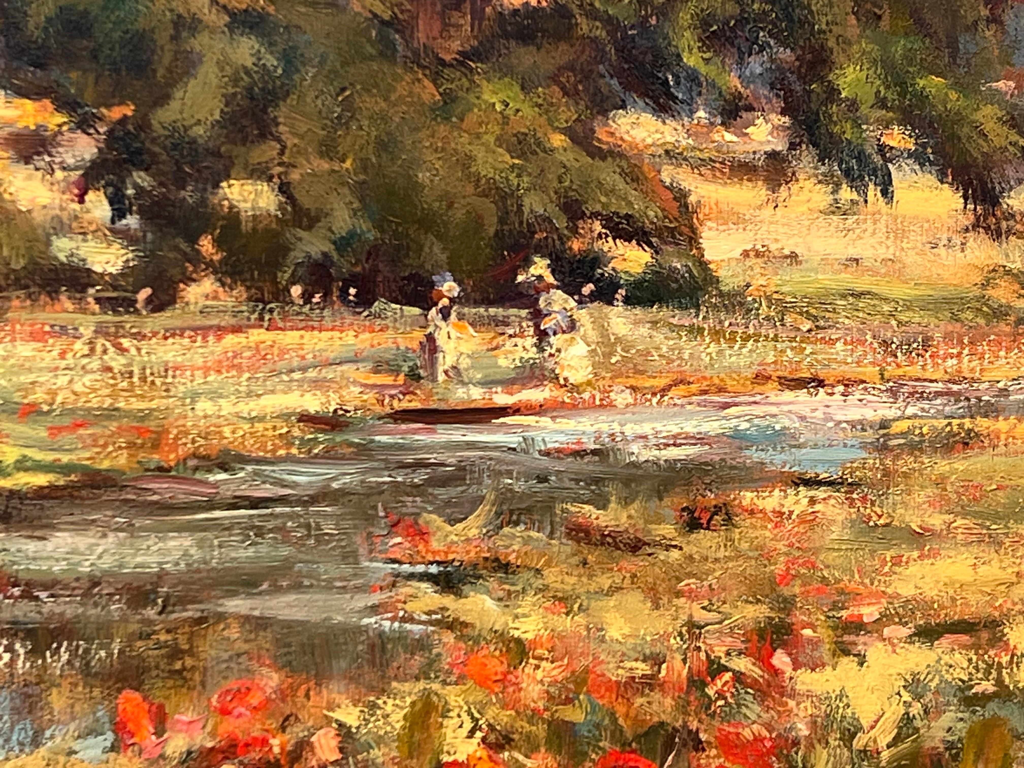 Impressionistisches englisches Fluss-Landschaftsgemälde mit Blumen und Figuren, Vintage im Angebot 3