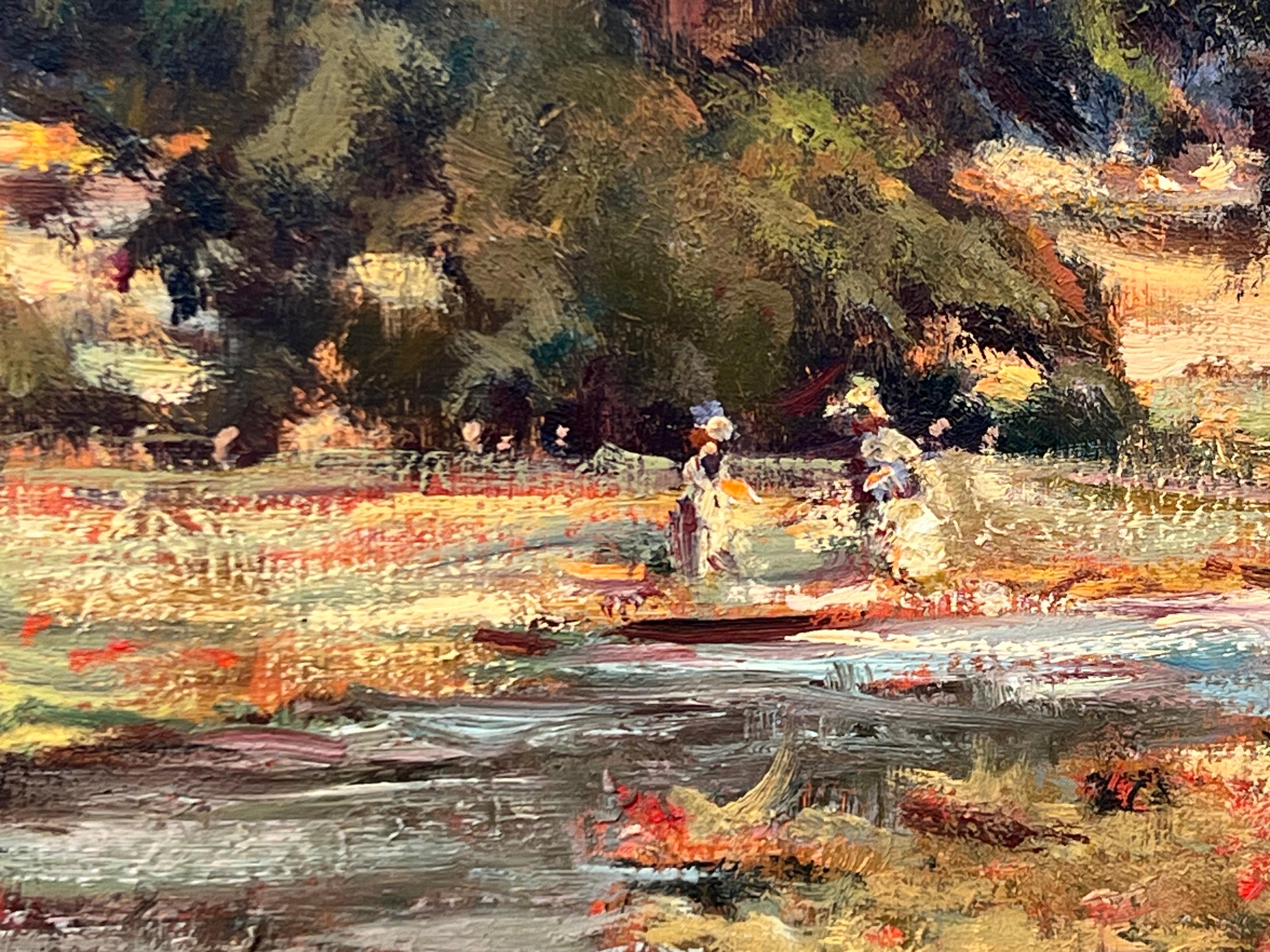 Impressionistisches englisches Fluss-Landschaftsgemälde mit Blumen und Figuren, Vintage im Angebot 4