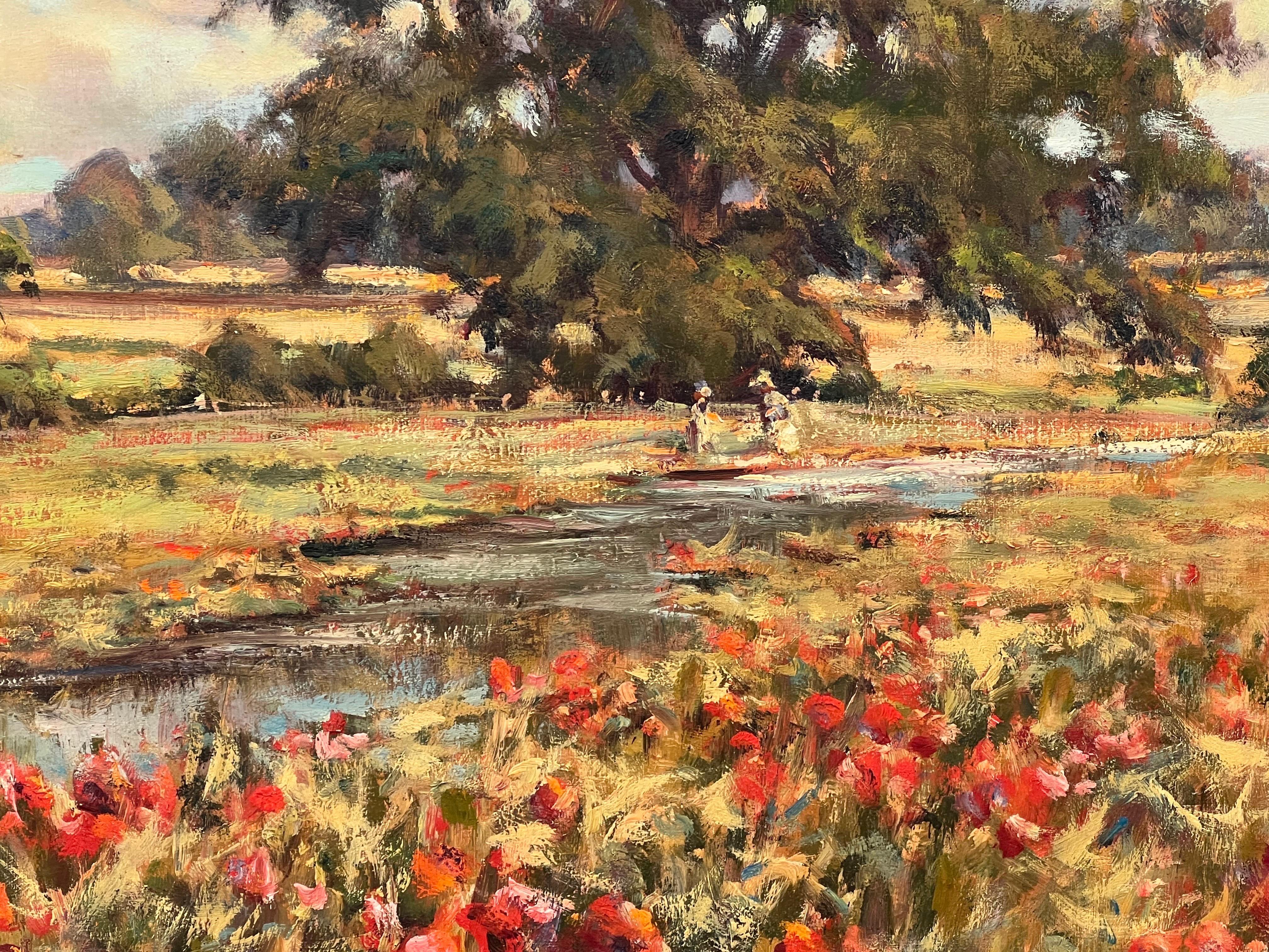 Impressionistisches englisches Fluss-Landschaftsgemälde mit Blumen und Figuren, Vintage im Angebot 5