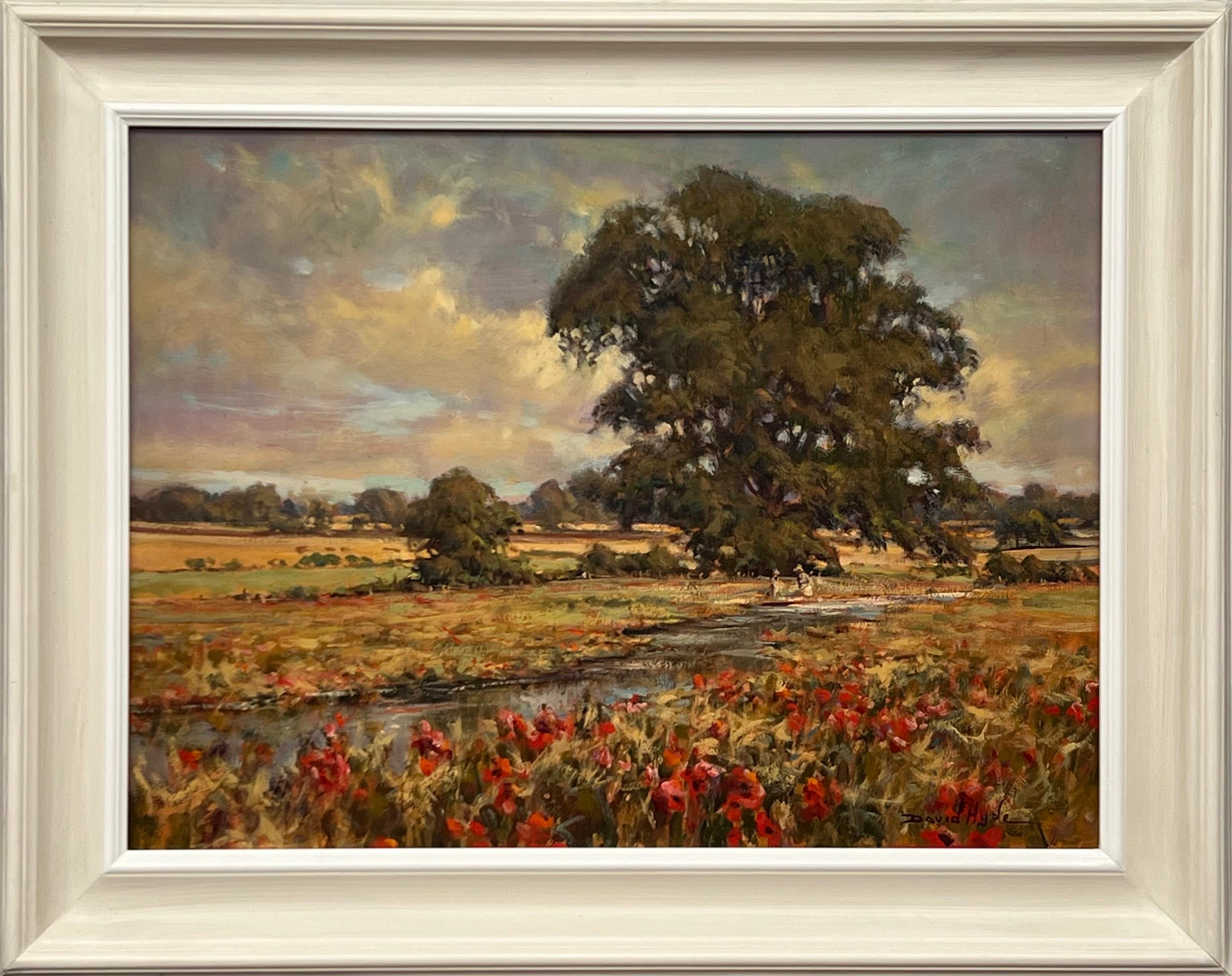 Vintage Impressionist English River Landscape Painting with Wild Red Flowers & Figures by British Artist, David Hyde. The painting depicts two children playing under a tree by a Riverside in the English Countryside, adjacent to a wild meadow. 

Art