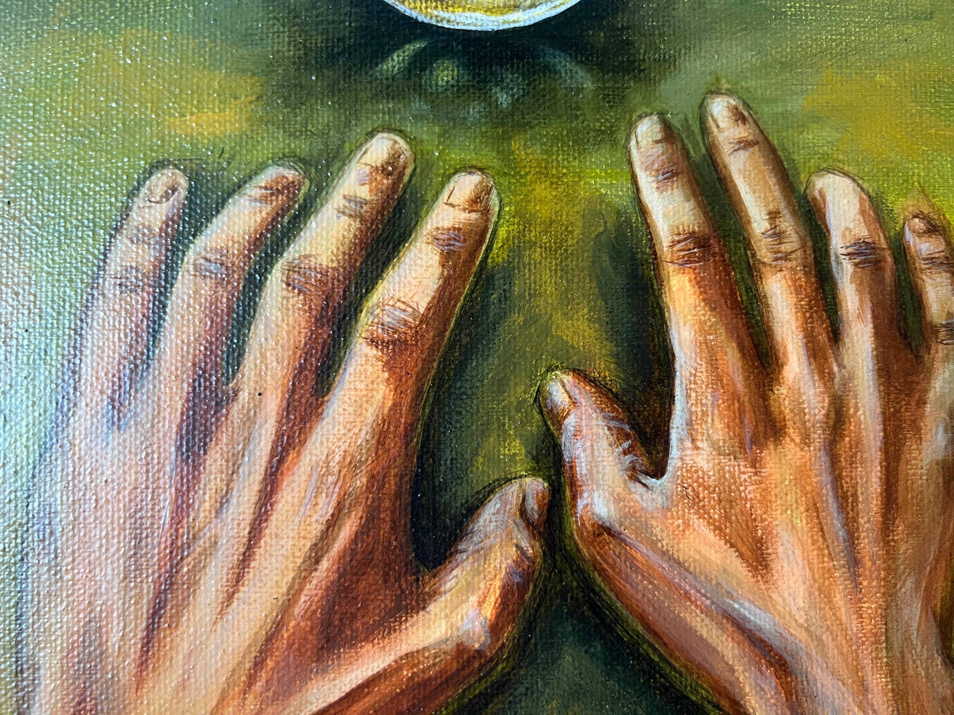 'Bola de cristal' pintura acrílica realista, chic, elegante retrato místico a mano en venta 5