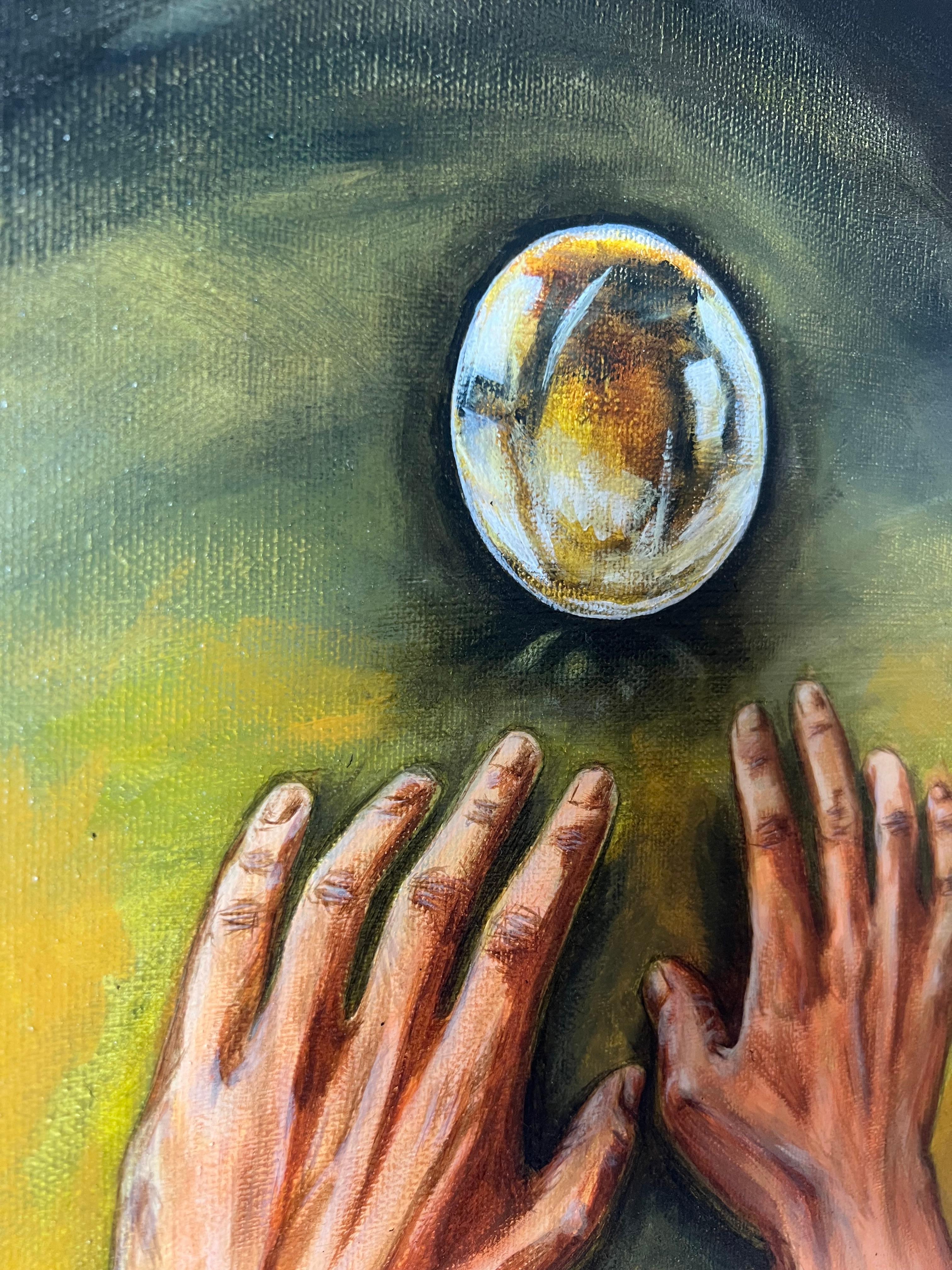 'Bola de cristal' pintura acrílica realista, chic, elegante retrato místico a mano en venta 6