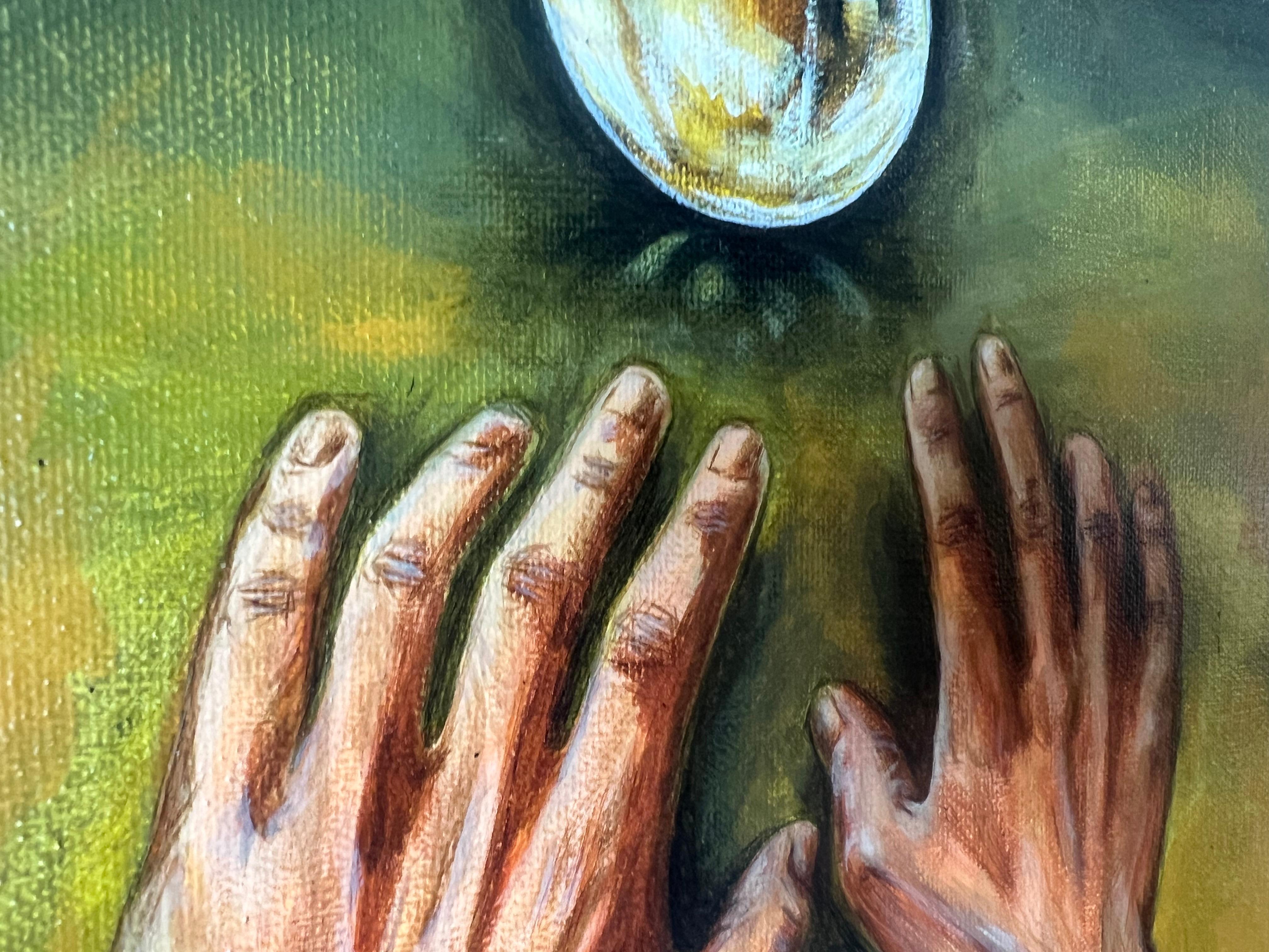 'Bola de cristal' pintura acrílica realista, chic, elegante retrato místico a mano en venta 1