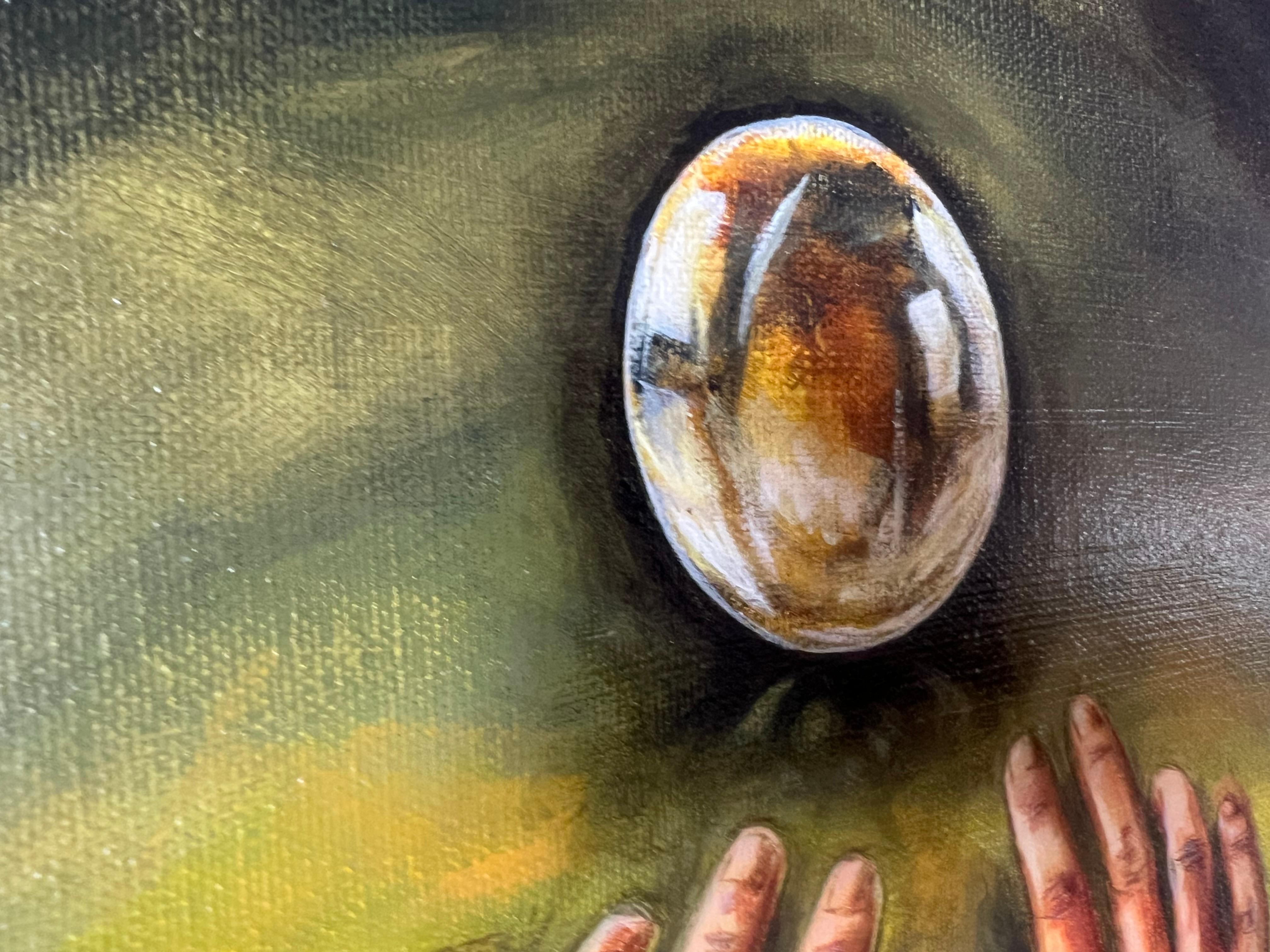 'Bola de cristal' pintura acrílica realista, chic, elegante retrato místico a mano en venta 2