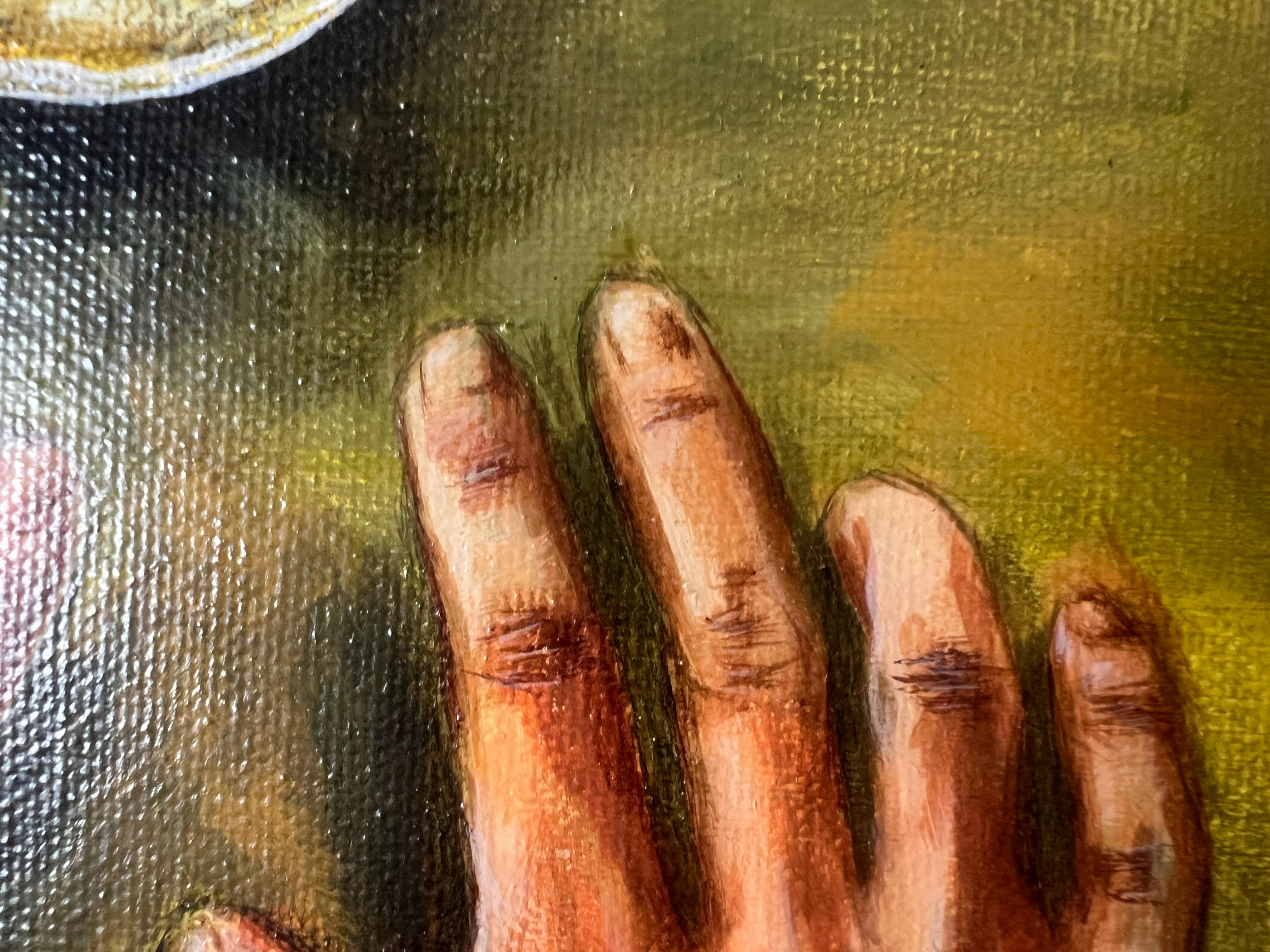 'Bola de cristal' pintura acrílica realista, chic, elegante retrato místico a mano en venta 4